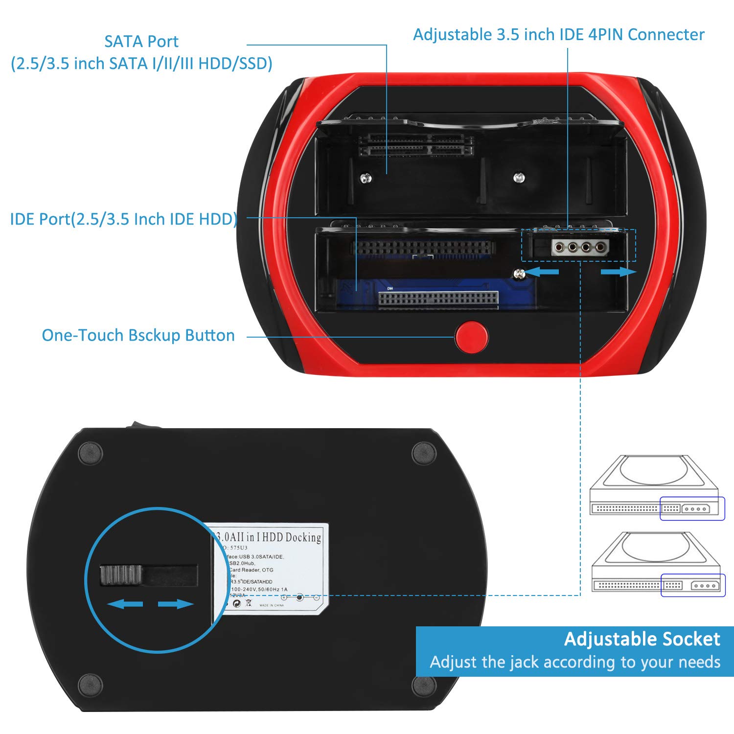 Tccmebius USB 3.0 Hard Drive Docking Station, TCC-S868-US USB 3.0 to 2.5 3.5 Inch SATA IDE Dual Slots Reader External Enclosure, for 2.5" 3.5" IDE SATA I/II/III HDD SSD 4