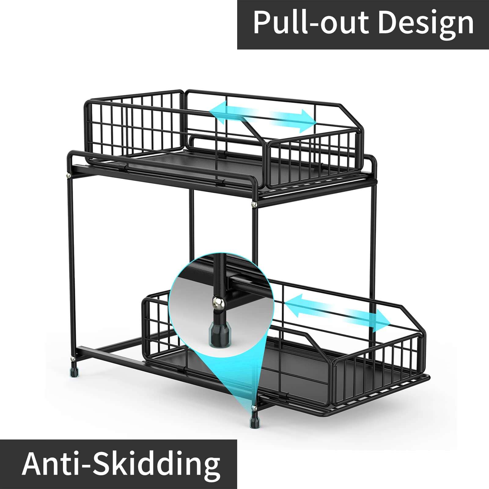 STILLDIO Metal Under Sink Organizer and Storage with 2 Tier Slide Out Wire Baskets Sliding Drawers for Kitchen Bathroom Office Toilet Under Cabinet Shelf Countertop Heavy Duty Collection Space Saver 4