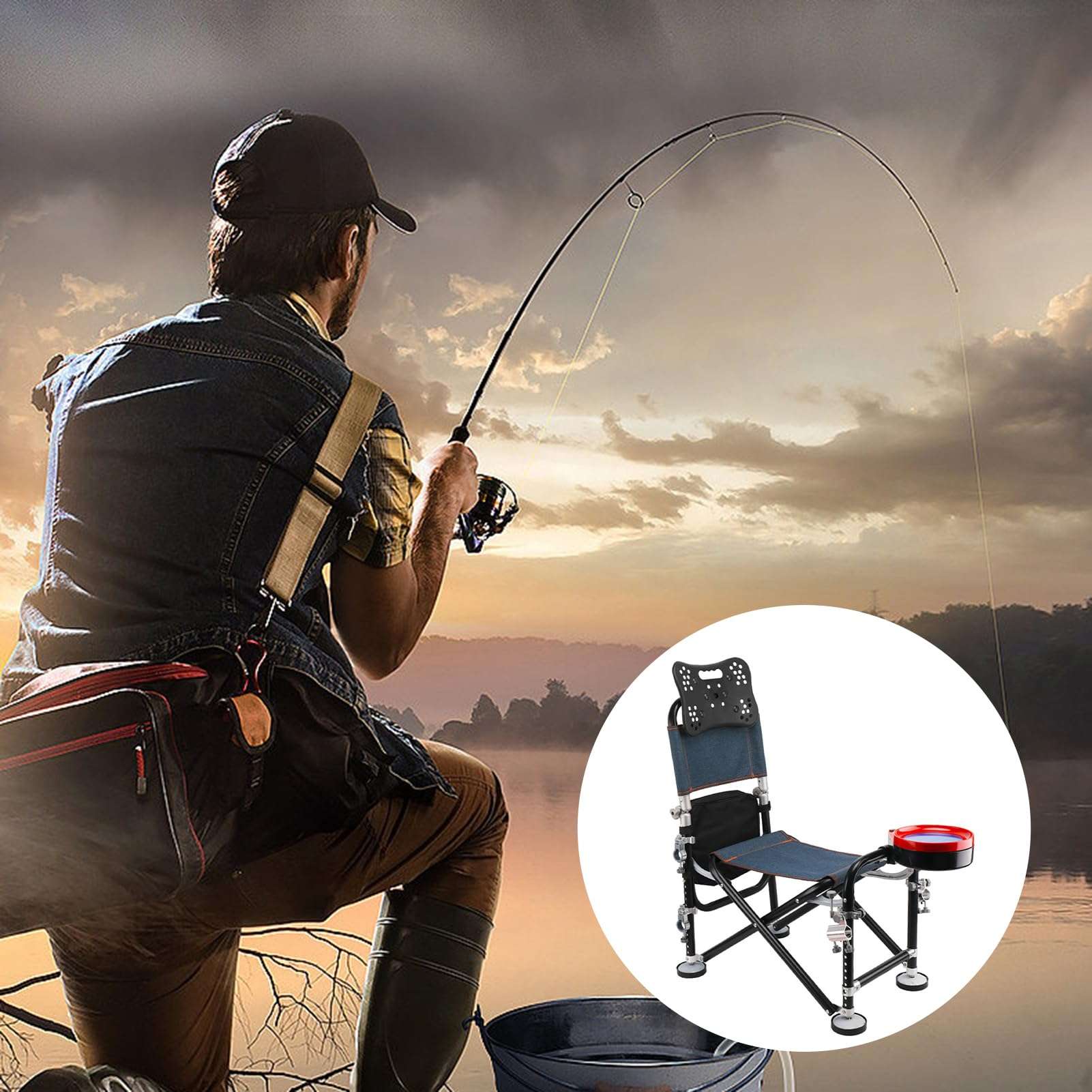 Fishing Chair, Portable Chair, Camping Chairs, 13 Gear Rise Fall 21cm Adjustment Fishing Chair with Backrest Rod Holder Folding Fishing Deck Chair Fisherman Gift (Black) 5