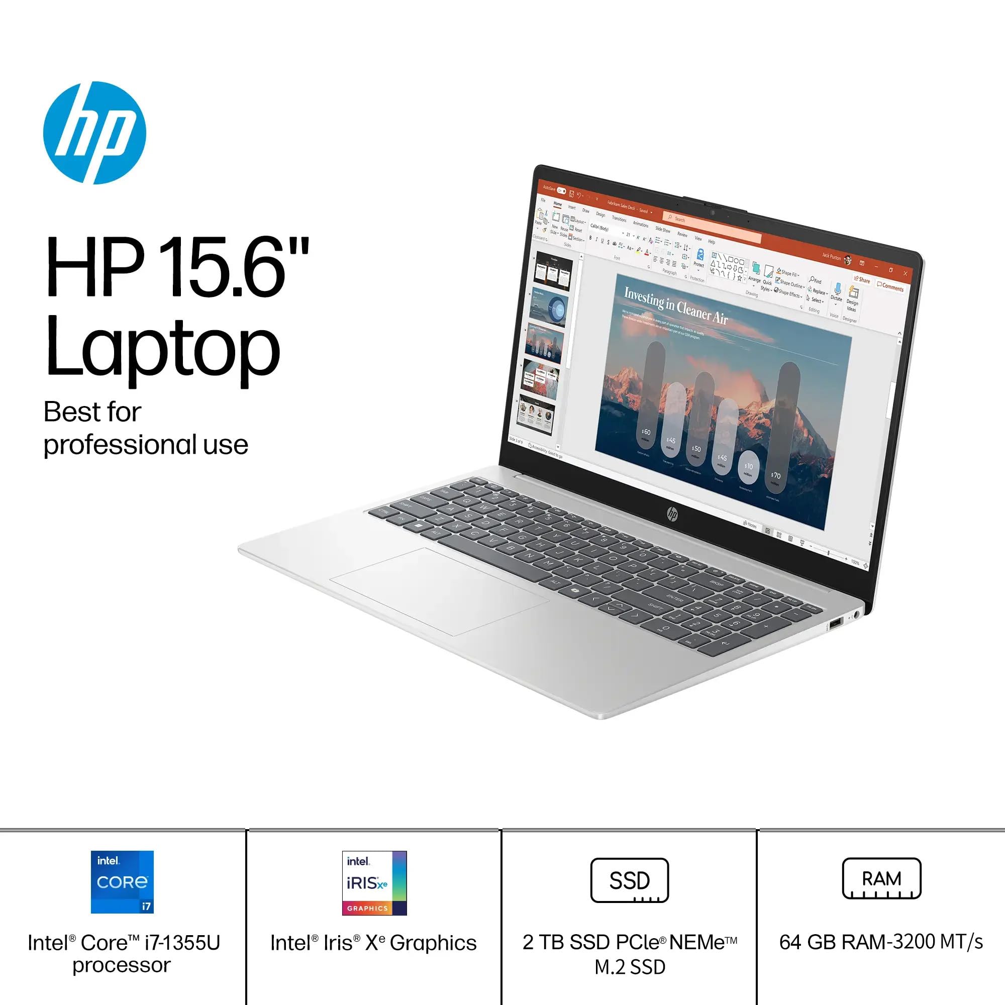 HP 15.6" FHD Touchscreen Business Laptop, 13th Gen Intel 10-Core i7-1355U, 64 GB RAM, 2 TB SSD, Intel Iris Xe Graphics, Wi-Fi 6, Long Battery Life, Copilot AI, HD Camera, Windows 11 Pro, Accessories 3