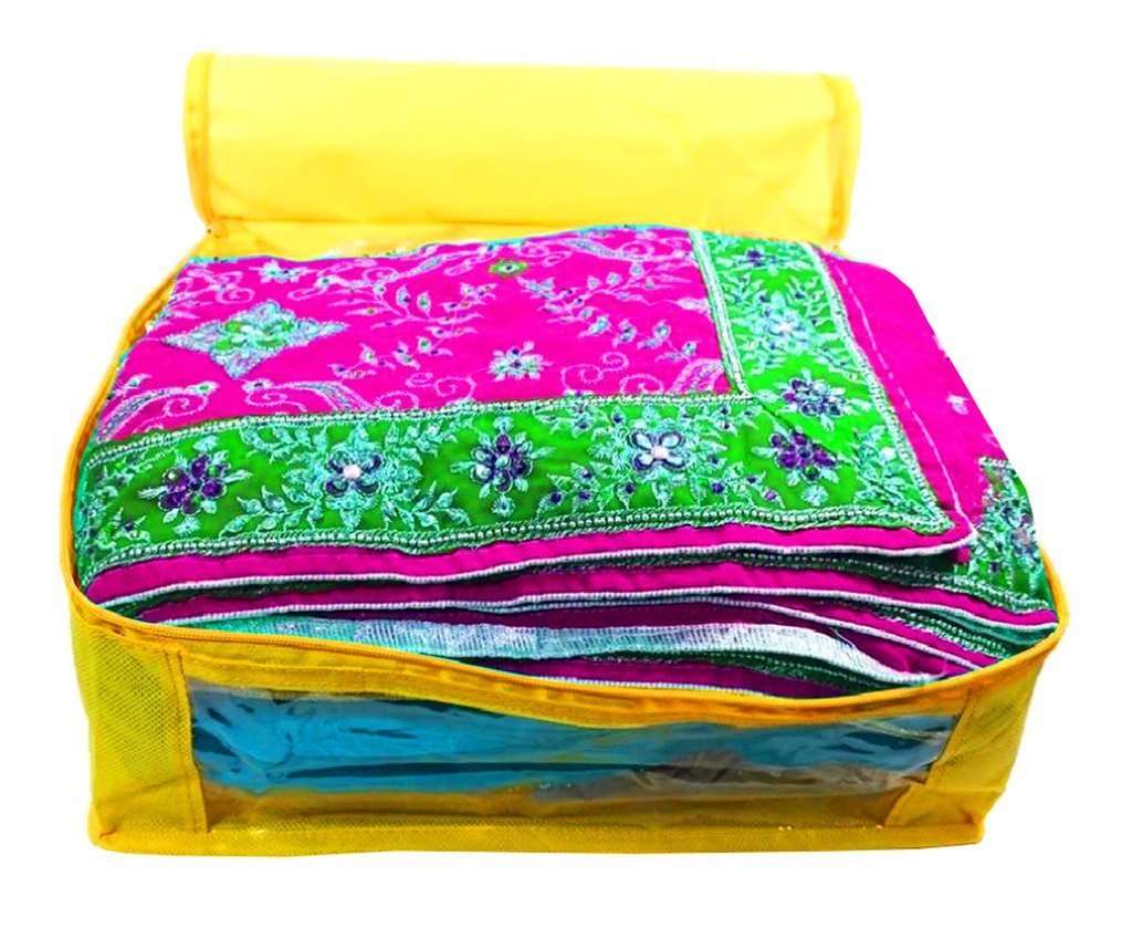Atorakushon Fabric Combo Saree Cover Blouse Clothes Storage Bag Wedding Wardrobe Organiser Set of 11 (Yellow) 4