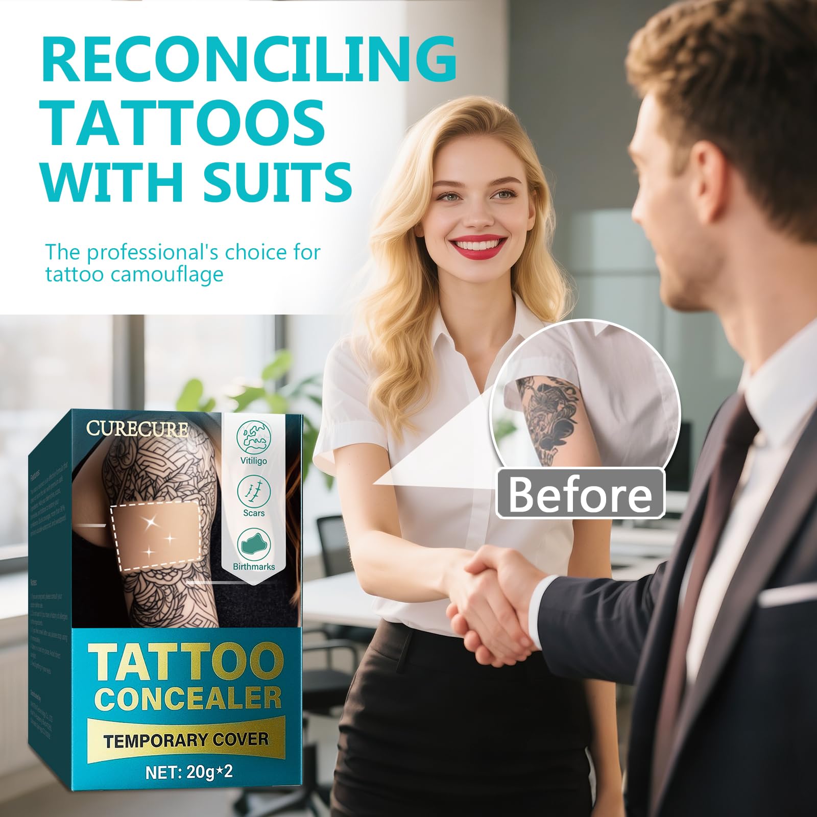 CURECURE Tattoo Cover Up Makeup Waterproof, Full Coverage Concealer for Tattoos, Dark Spots & Scars, Long Lasting, Smudge-Proof & Transfer-Resistant 4