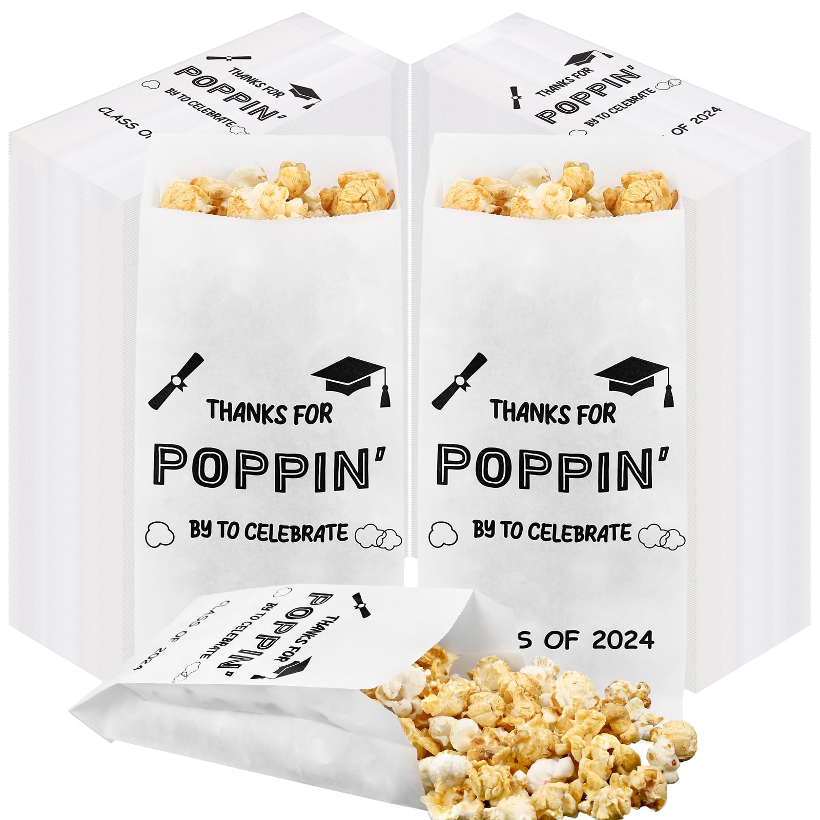 Sunnychicc 200 Pcs Class of 2024 Popcorn Bags Graduation Party Favors Snack Goodie Cookie Bags Grease Resistant Paper Individual Servings for Graduation Party Pop Corn Bag Bulk Graduation Party Favors 1