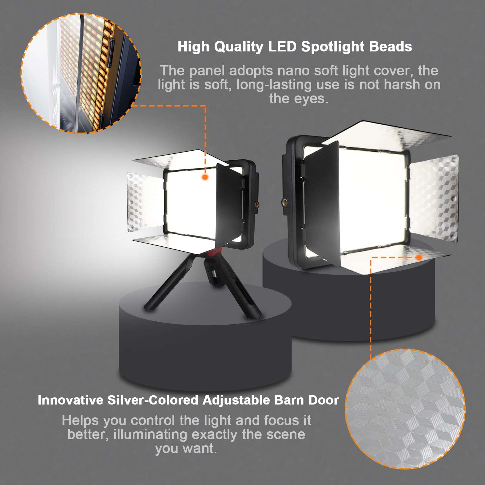 LED Video Light with Barn Door, 4400mAh Rechargeable Battery×2, 3200-6500K CRI 96+ Adjustable Panel Light for Outdoor Photography/Live Broadcast Shooting/Indoor Recording Fill Light/Video Conferencing 5