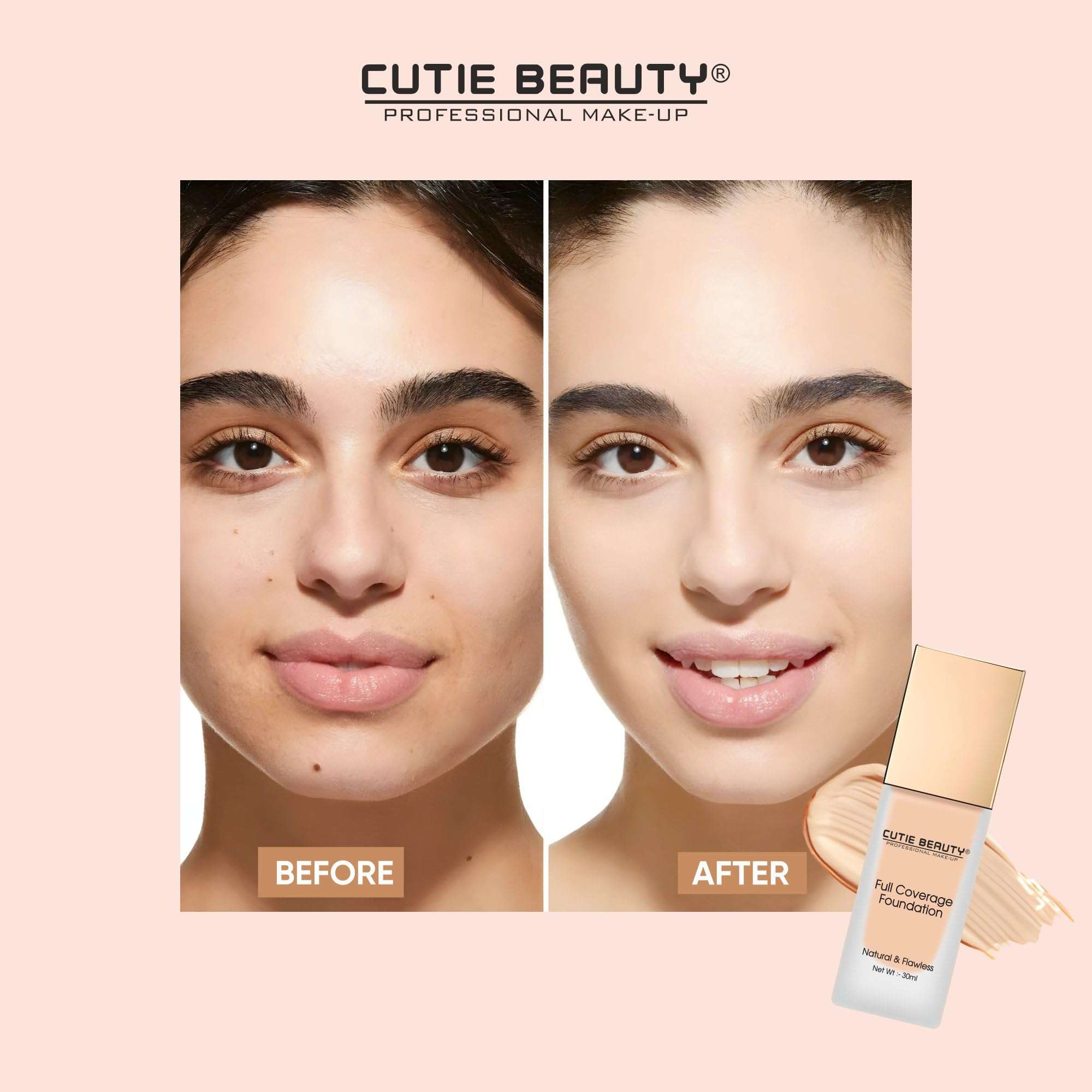 Cutie Beauty High Performance Foundation | Water-Resistant | Medium to Buildable Coverage | Lightweight | Easy to Blend | Full Coverage Foundation | Matte finish - Shade (Natural, 30 ml) 5