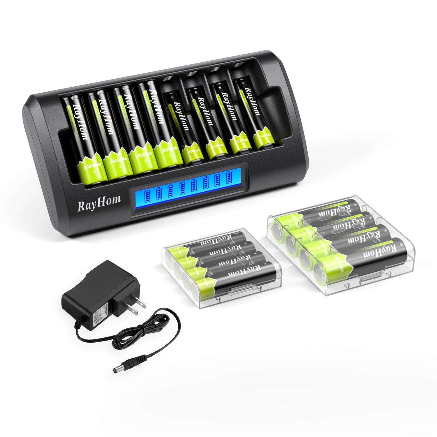RayHom Charger with AA AAA Batteries - 8Bay Smart LCD Battery Charger for AA AAA Ni-MH Ni-Cd Rechargeable Batteries with AA Rechargeable Batteries(8 Pack) and AAA Rechargeable Batteries(8 Pack) 1