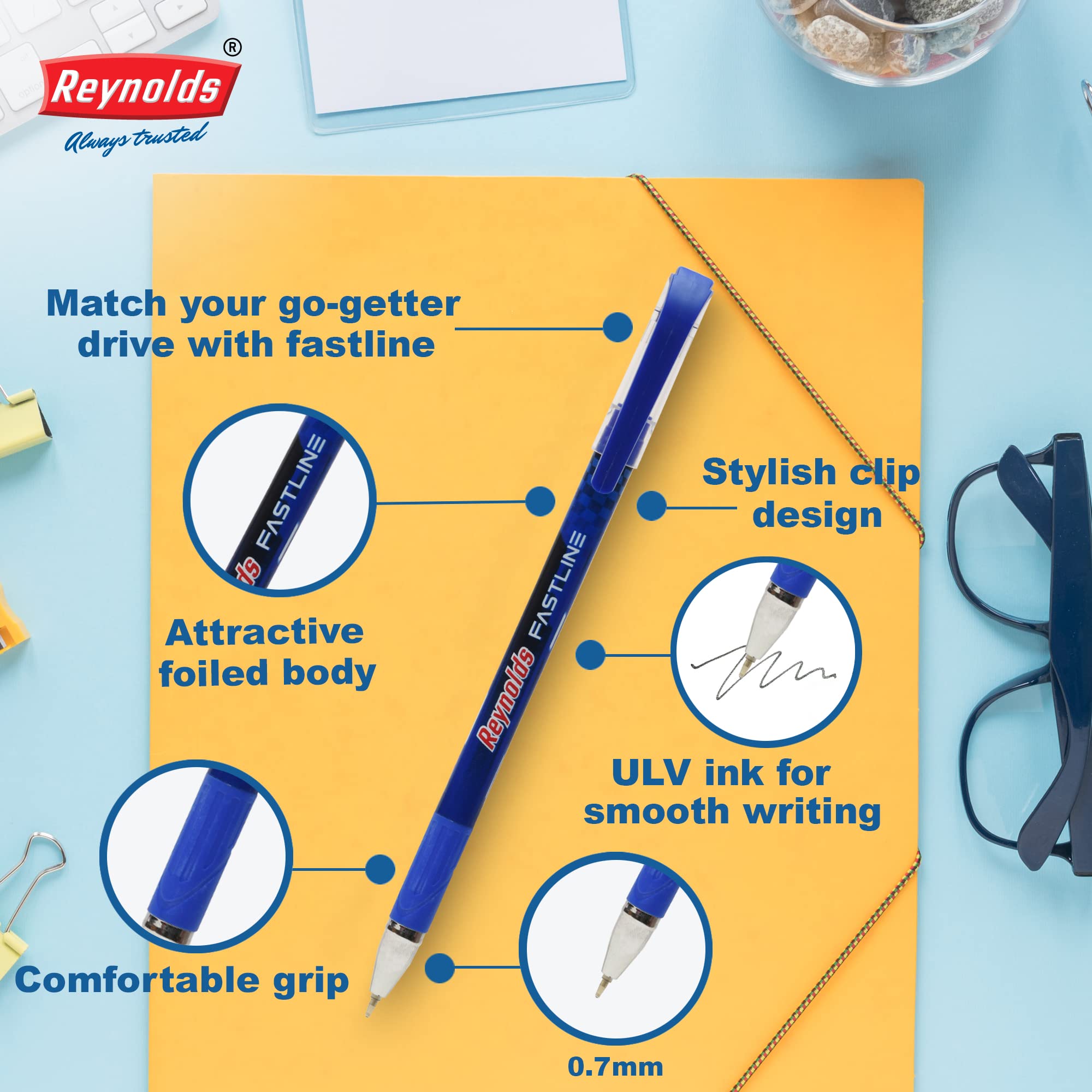 Reynolds Fast line 10 CT Blue | Lightweight Ball Pen With Comfortable Grip for Extra Smooth Writing I School and Office Stationery 3