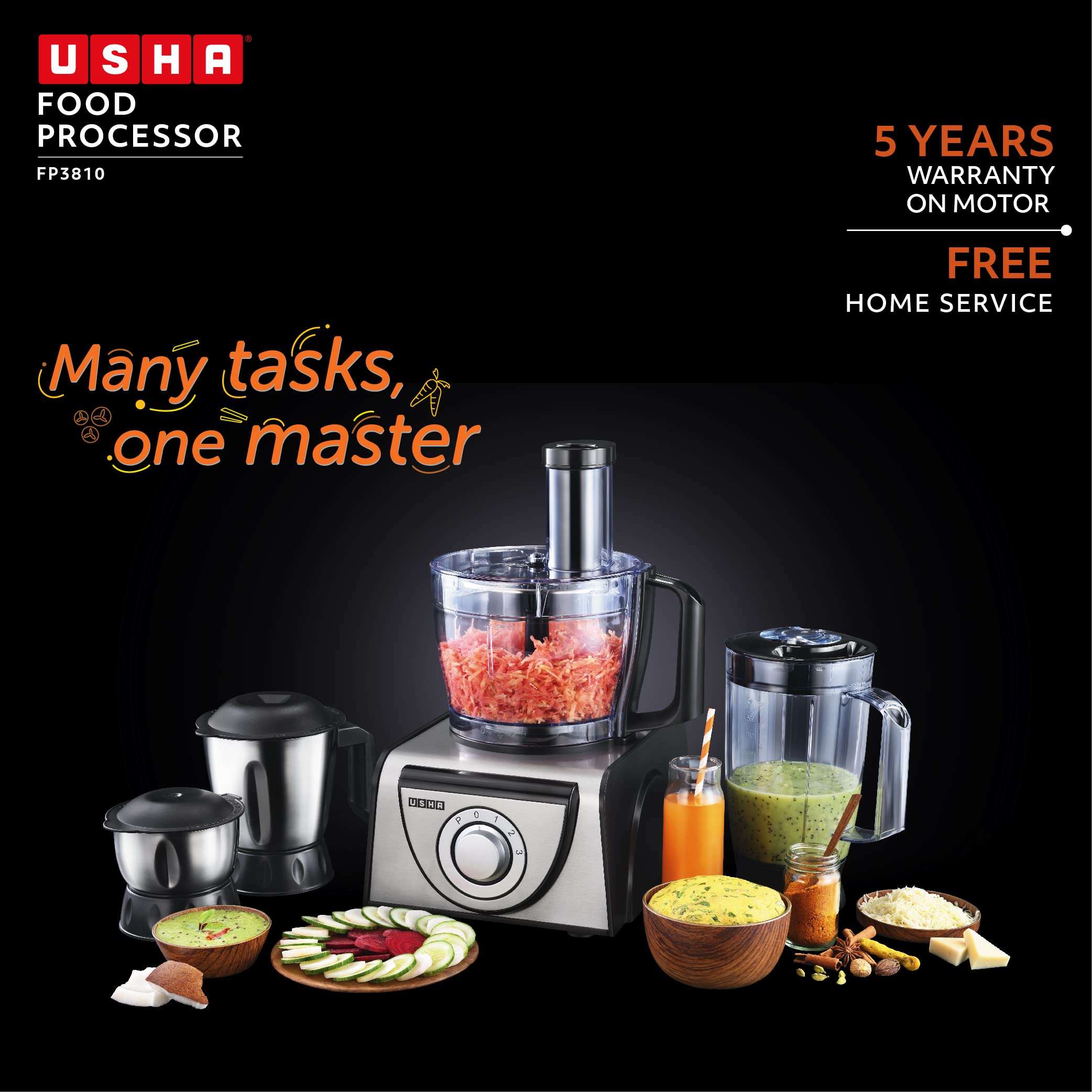 Usha FP 3810 Food Processor 1000 Watts Copper Motor with 13 Accessories(Premium SS Finish), Black and Steel 2