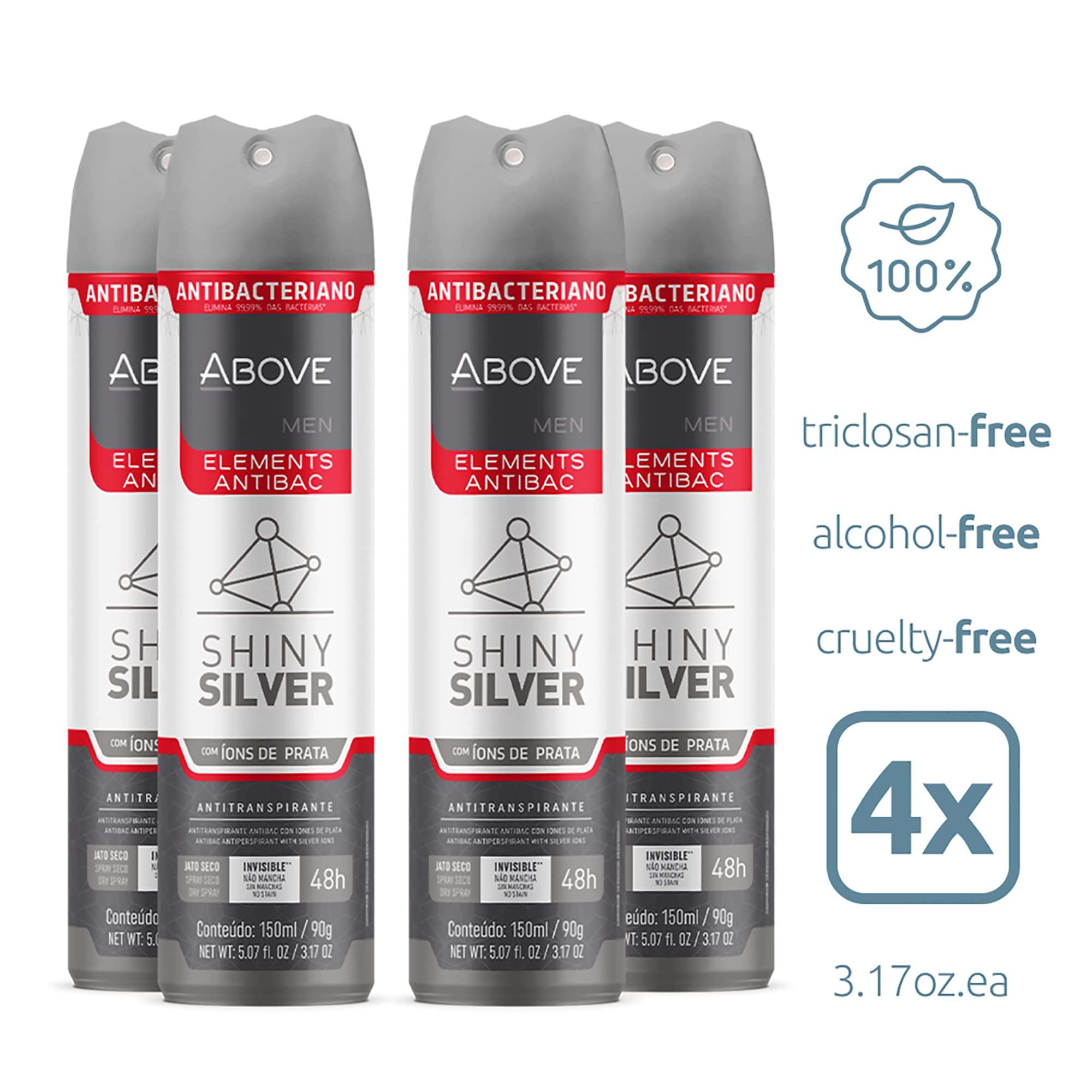 ABOVE Shiny Silver - 48 Hours Elements Antiperspirant Deodorant Set for Men - Notes of Jasmine and Mint - Dry Spray Protects Against Sweat and Body Odor - Instant Freshness - Stain Free - 4 pc 4