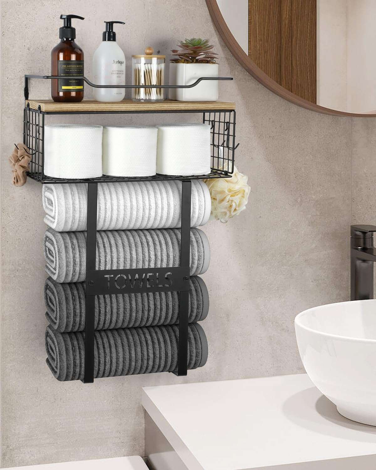 Towel Racks for Bathroom Wall Mounted - Bath Wall Towel Holder Set Above Toilet Storage, Rolled Towel Shelf Organizer for Small Bathroom, Wood Vertical Towel Rack for Bathroom Wall Decor 3