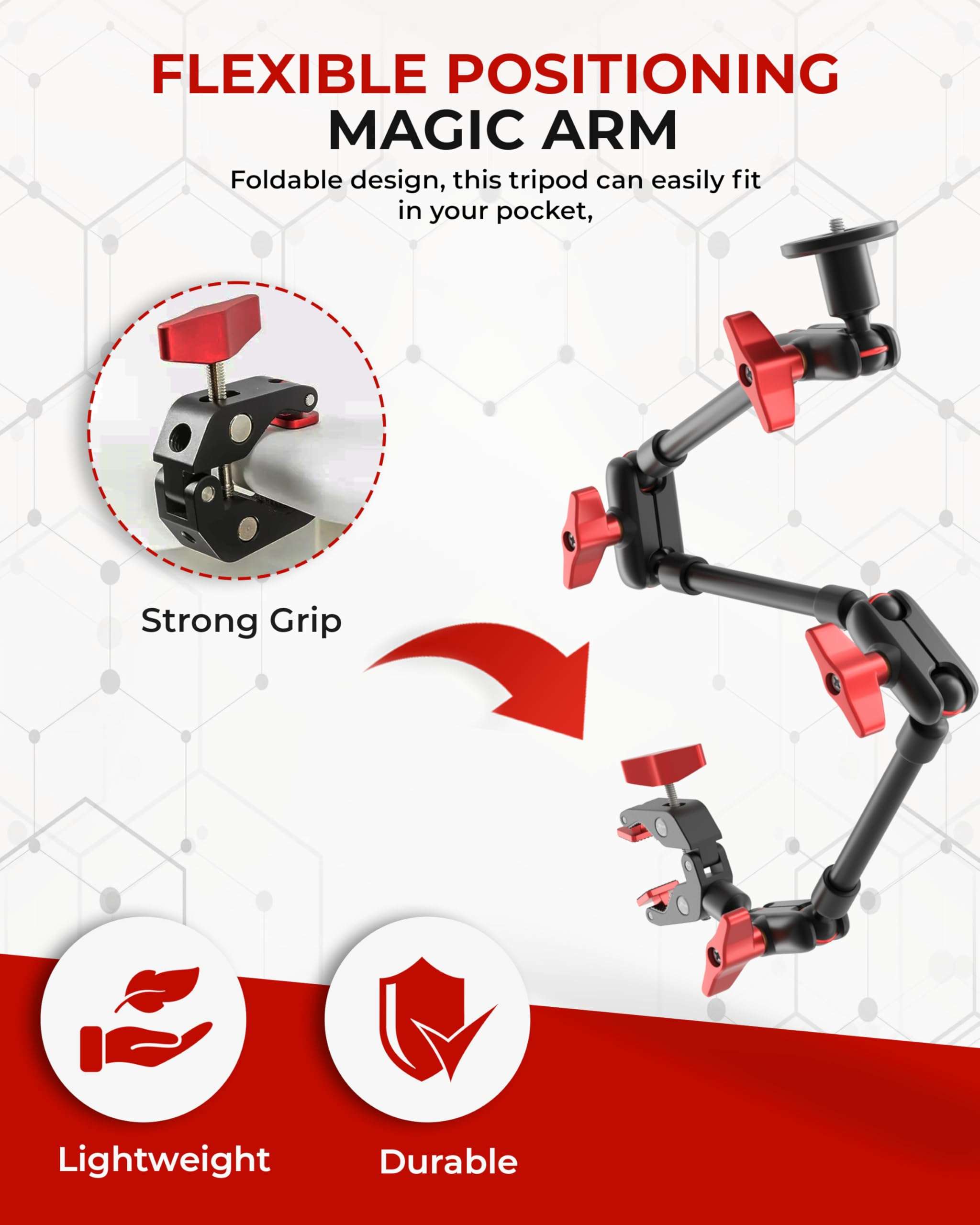 REFLEX CAMERA Metal Articulating 32" Magic Arm with Super Clamp Overhead Camera Mount – 1kg Load Capacity, Boom Arm with 1/4", 3/8" Screws Mounts - Photography, Videography & Streaming - Adjustable 5