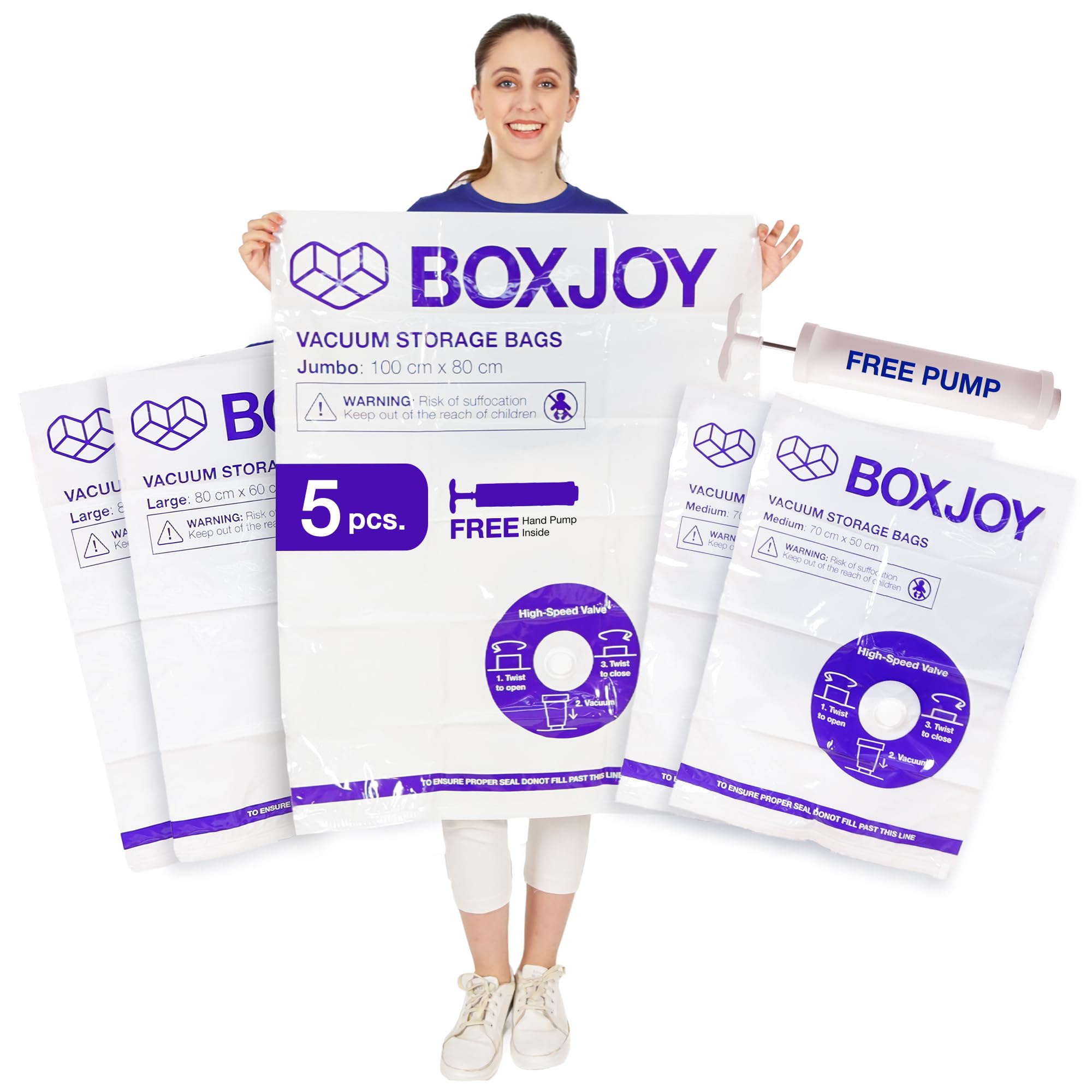 BOXJOY 1 JUMBO 2 LARGE 2 MEDIUM Transparent Vacuum Storage Bags for Travelling | Packing Winter Clothes Blanket Pillows Cloth | Space Saver Vaccine Compression Bag with Travel Vaccum Pump | Pack of 5 3