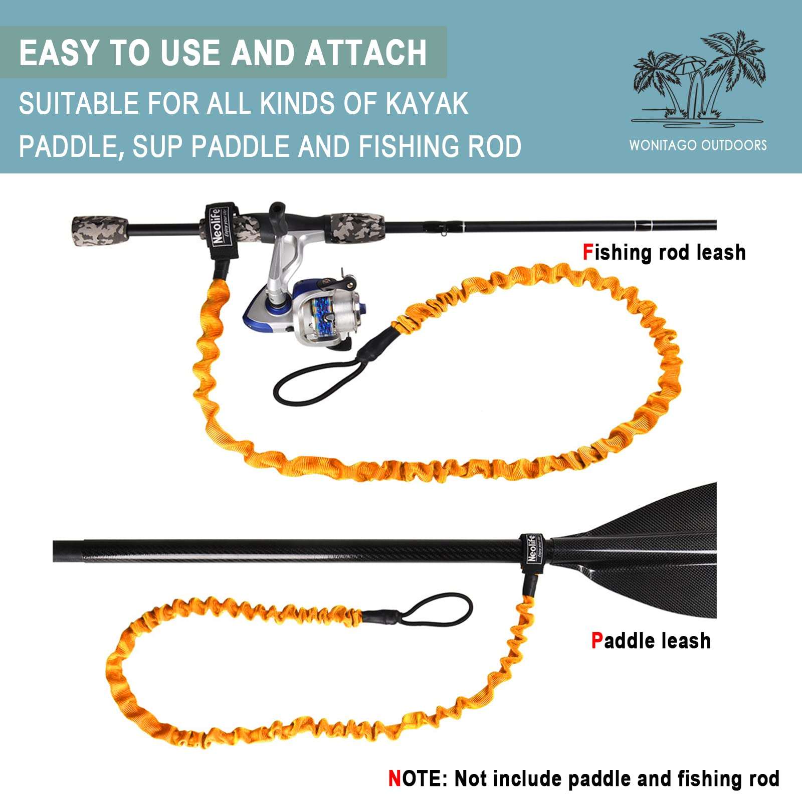 WONITAGO Stretchable Kayak Paddle Leash, Coiled Rod Leash Tool Lanyard for Kayak and SUP Paddles, Fishing Poles Rods，Orange 2 Pack 5