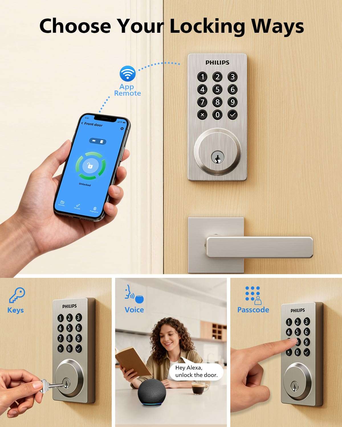 Philips WiFi Smart Door Lock with Handle, Built-in WiFi App Remote Control, Keyless Entry Door Locks for Front Door, Smart Deadbolt Auto Lock, Support Alexa & Google, IP54 Waterproof, Satin Nickel 5
