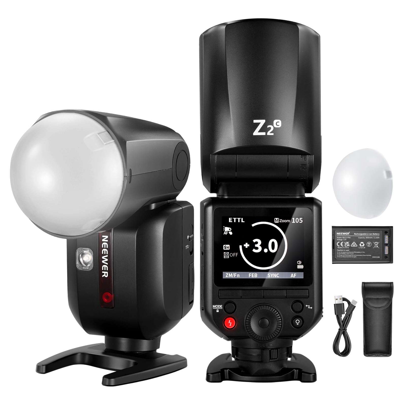 NEEWER Z2-C 2.4G TTL Round Head Flash Speedlite Compatible with Canon Cameras, 76Ws 1/8000s HSS with Diffuser, 2 Modeling Lamps, Upgraded UI, TTL/M Toggle Key, 3000mAh Battery, 600 Full Power Flash 1