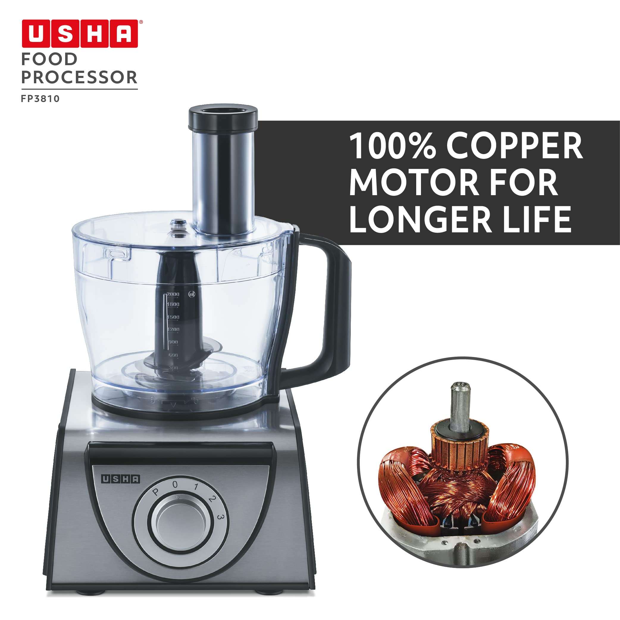 Usha FP 3810 Food Processor 1000 Watts Copper Motor with 13 Accessories(Premium SS Finish), Black and Steel 3