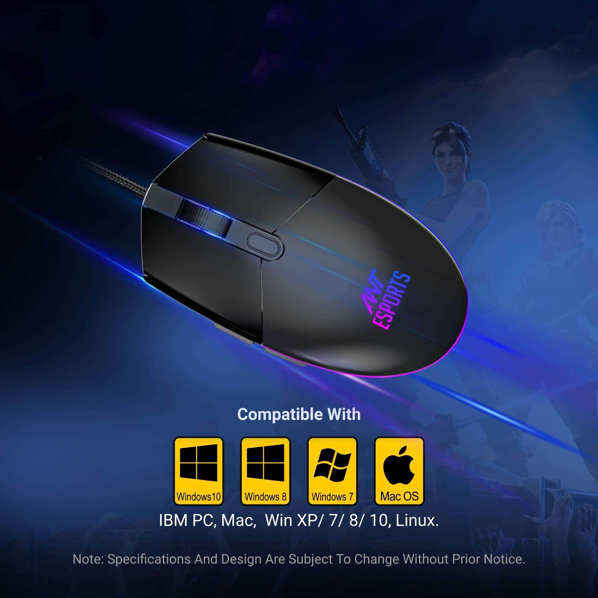 Ant Esports GM60 Optical Gaming Mouse Wired, 6 Programmable Buttons, 3200 DPI Adjustable, Optical Gamer gaming Mice with Multicolour LED Lights - Black 6