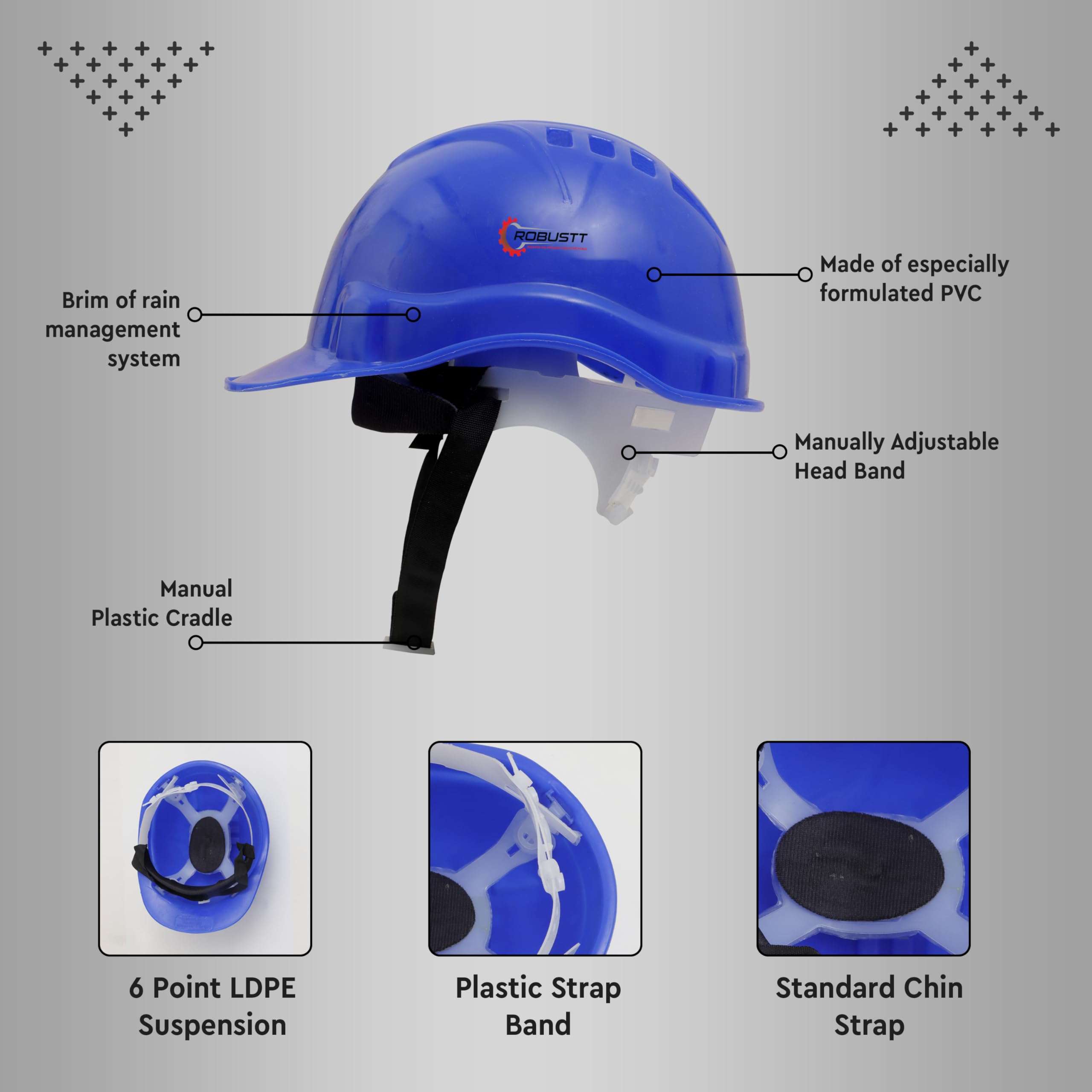 Robustt Safety Helmet - Blue (Pack of 1) | Adjustable Headband | Heavy Duty Material | As Per ISI Safety Standard | Non Irritant and Soft Fabric | Lightweight and Durable 3