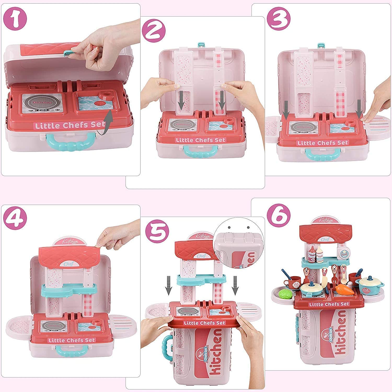 Ometer 3 in 1 Pretend to Play Plastic Kitchen Set with Comfortably Pack in Suitcase for Kids (Multicolour) 4
