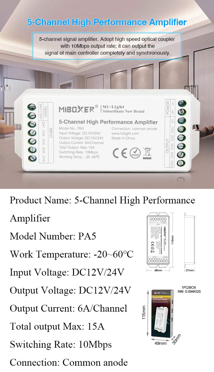 LGIDTECH PA5 Miboxer 5-Channel High Performance Amplifier DC 12-24V for RGB+CCT SMD 5050 3528 2835 Flexible 6 Wires LED Strip Ribbon Light 3