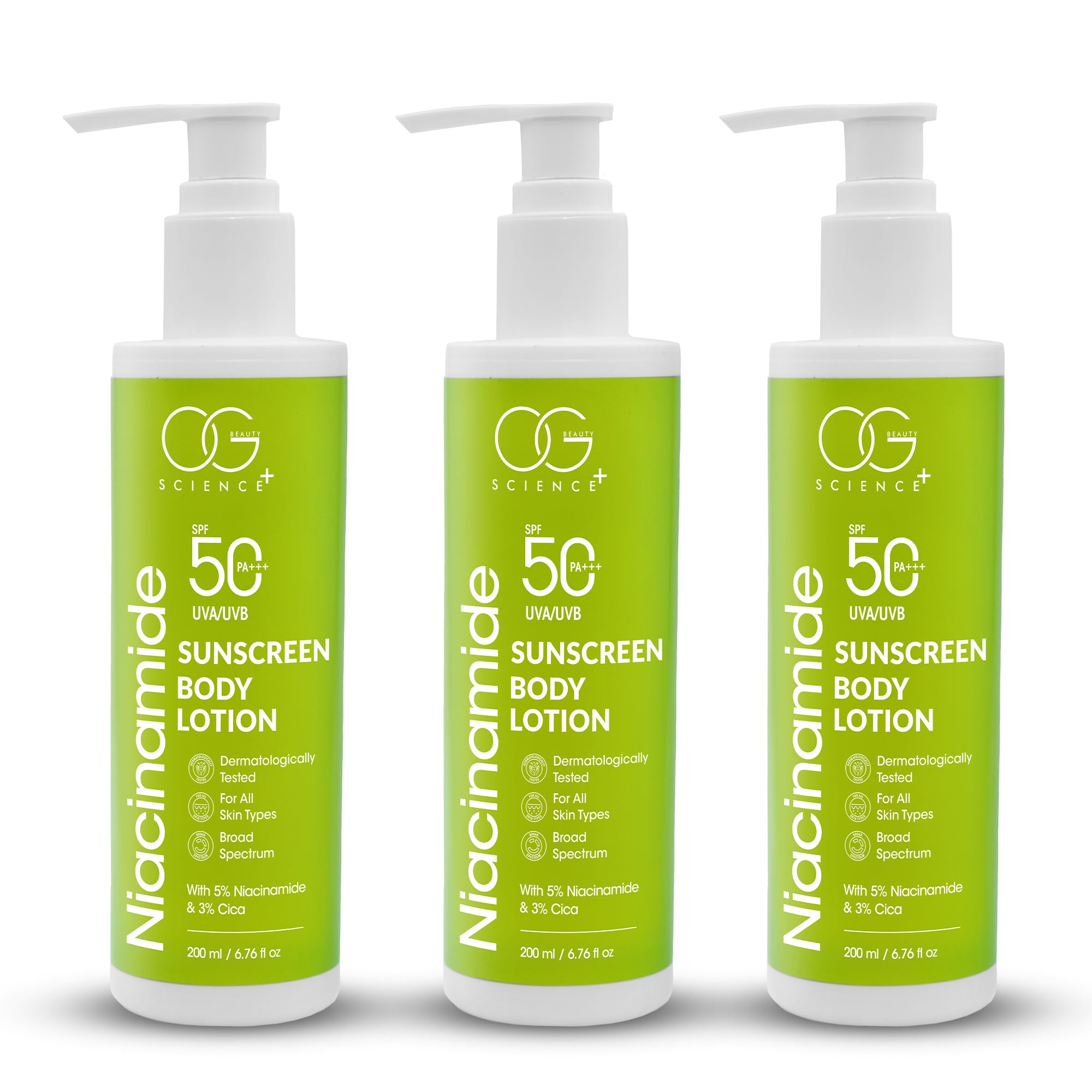 OG BEAUTY SCIENCE SPF 50 PA+++ Sunscreen Body Lotion with Niacinamide & Cica - Dermatologically Tested - Broad Spectrum Pack of 3 | 600 ML