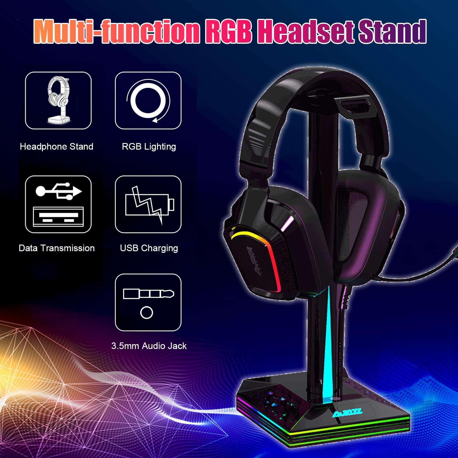 AJAZZ EB01 RGB Headphone Stand with 2 USB Ports and 3.5mm AUX, 14 RGB Lighting Effects, Desk Gaming Headset Holder Hanger Rack (Black) 4