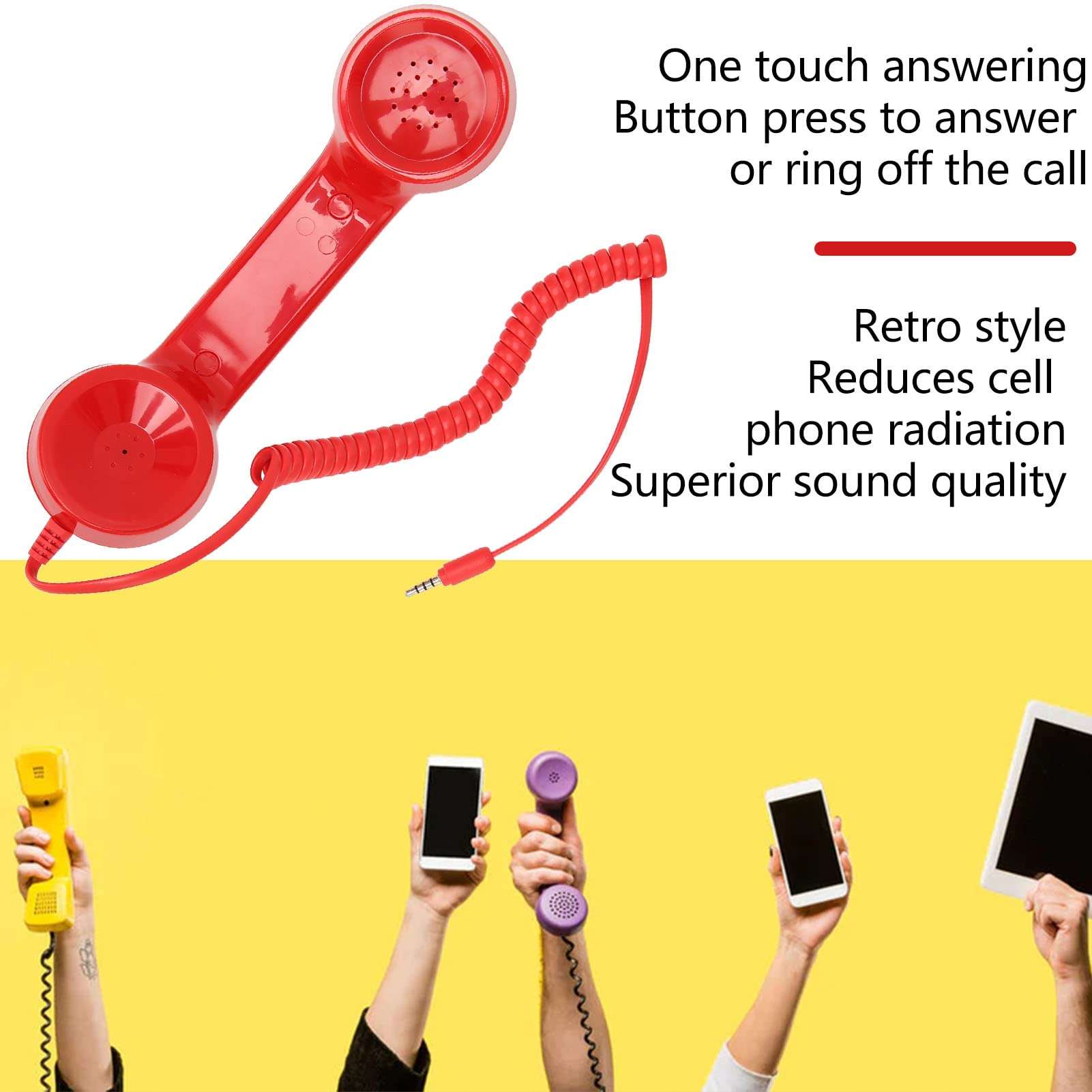 Retro Phone Handset, Multifunction Radiation Proof Handheld Cell Phone Receiver, Handheld Receiver with Volume Controlfor Mobile Phones, Computers (Red) 3