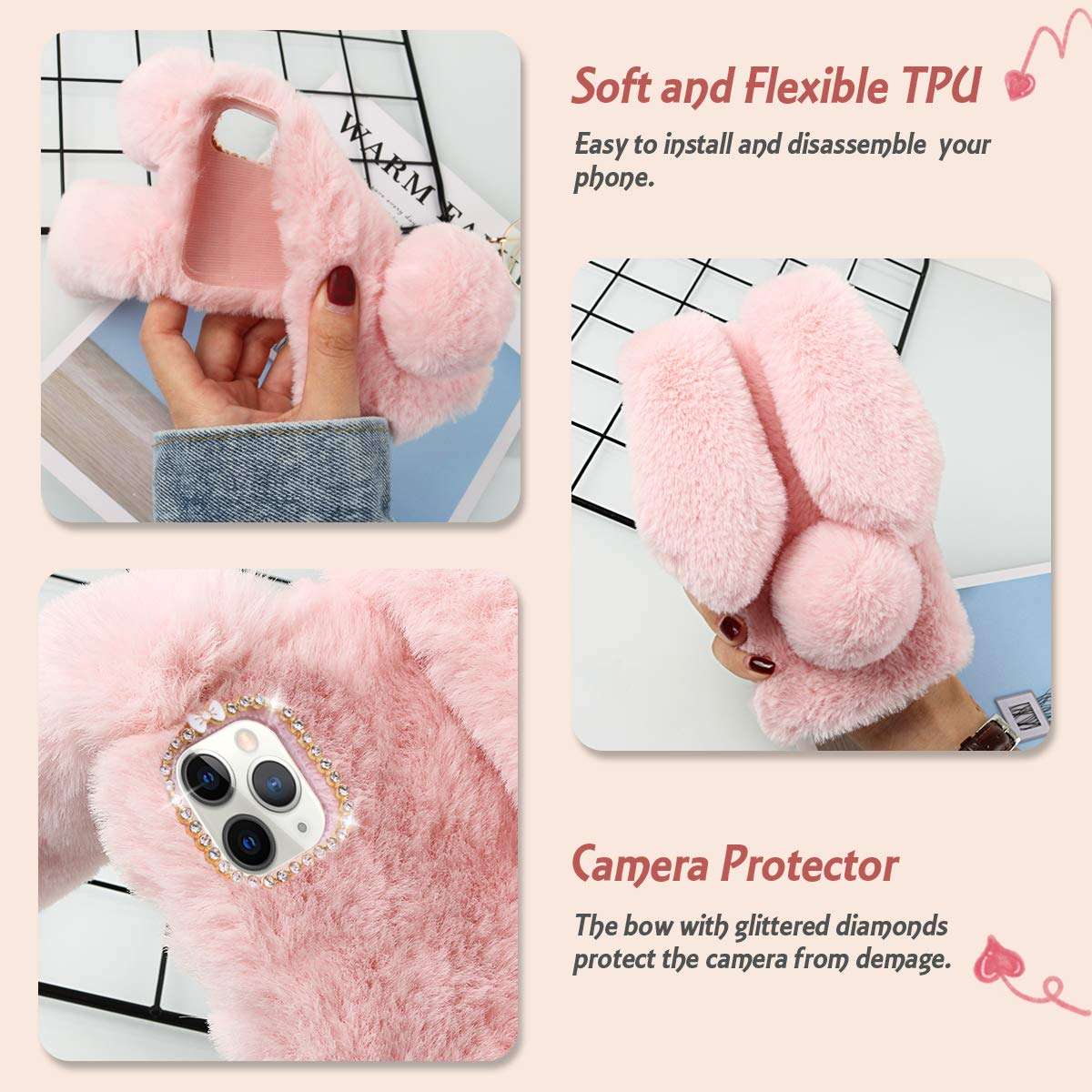 Fluffy Bunny Plush Phone Cover Pink for 11 Pro, Cute Warm Furry Fur Stuff Animal Rabbit Phone Case for Girls, Fashion Woman Protective Cover for 11 Pro 3