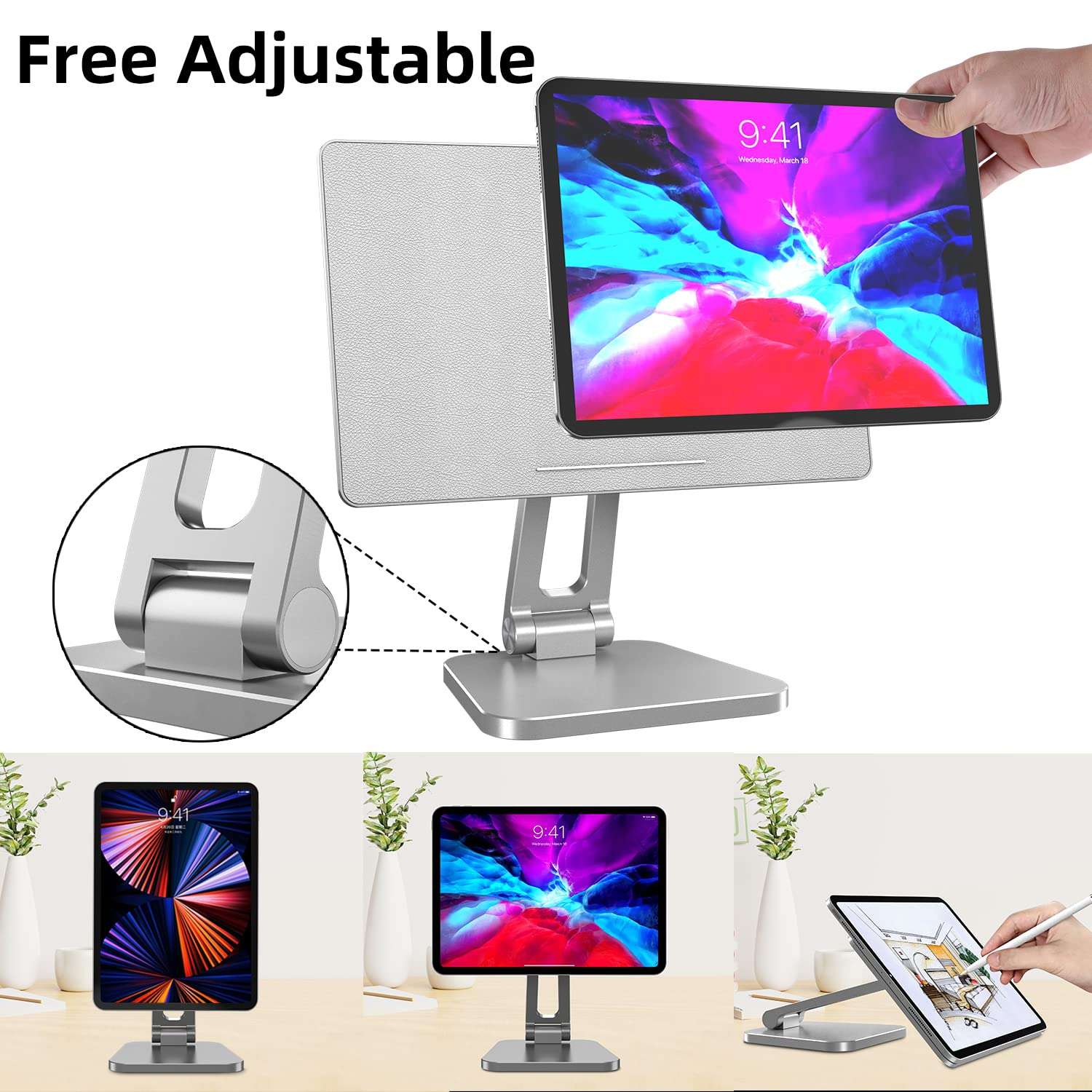 XUNMEJ iPad Pro Stand Magnetic, Updated Tablet Stand Holder, Foldable & Adjustable iPad Holder for Desk Heavy Base Holder for iPad Pro 11 Inch 1st/2nd/3rd/4th Gen & Air 4th 5th(Silver) 4