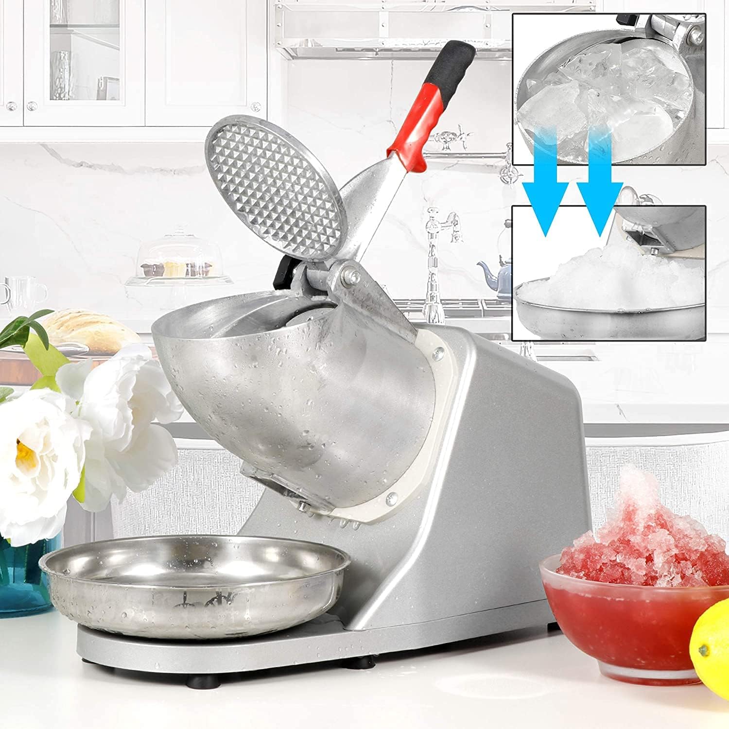 Electric Ice Crusher Machine | Ice Gola Maker | Dish Gola Machine Home | Ice Shaver Prevent Splash Electric 3 Blades Snow Cone Maker Stainless Steel Shaved Ice Machine 300W 220lbs/hr (Stainless Steel) 4