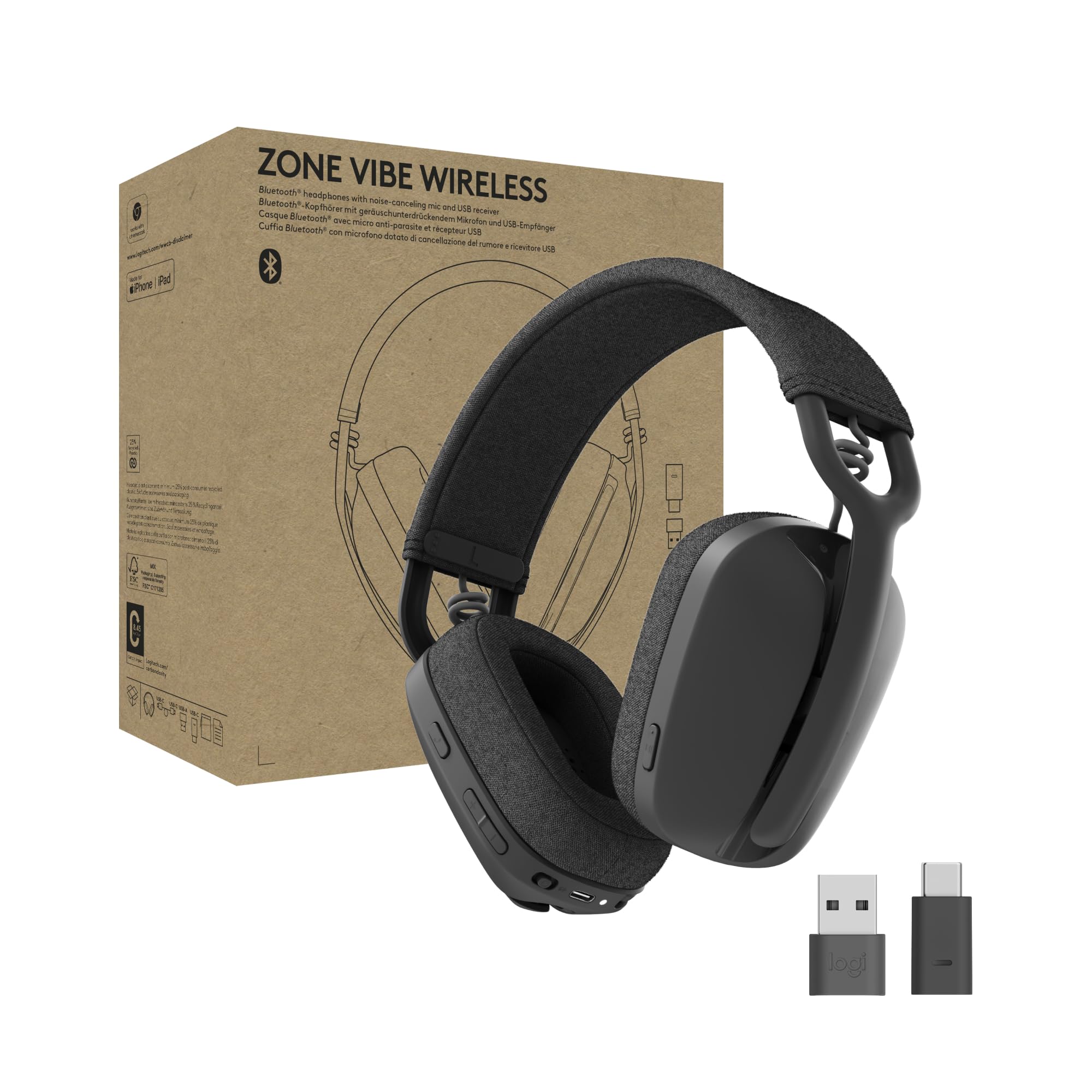 Logitech Zone Vibe Wireless Bluetooth Headphones with Noise Canceling Microphone, USB-A, USB-C, for Microsoft Teams, Mac/PC, Black