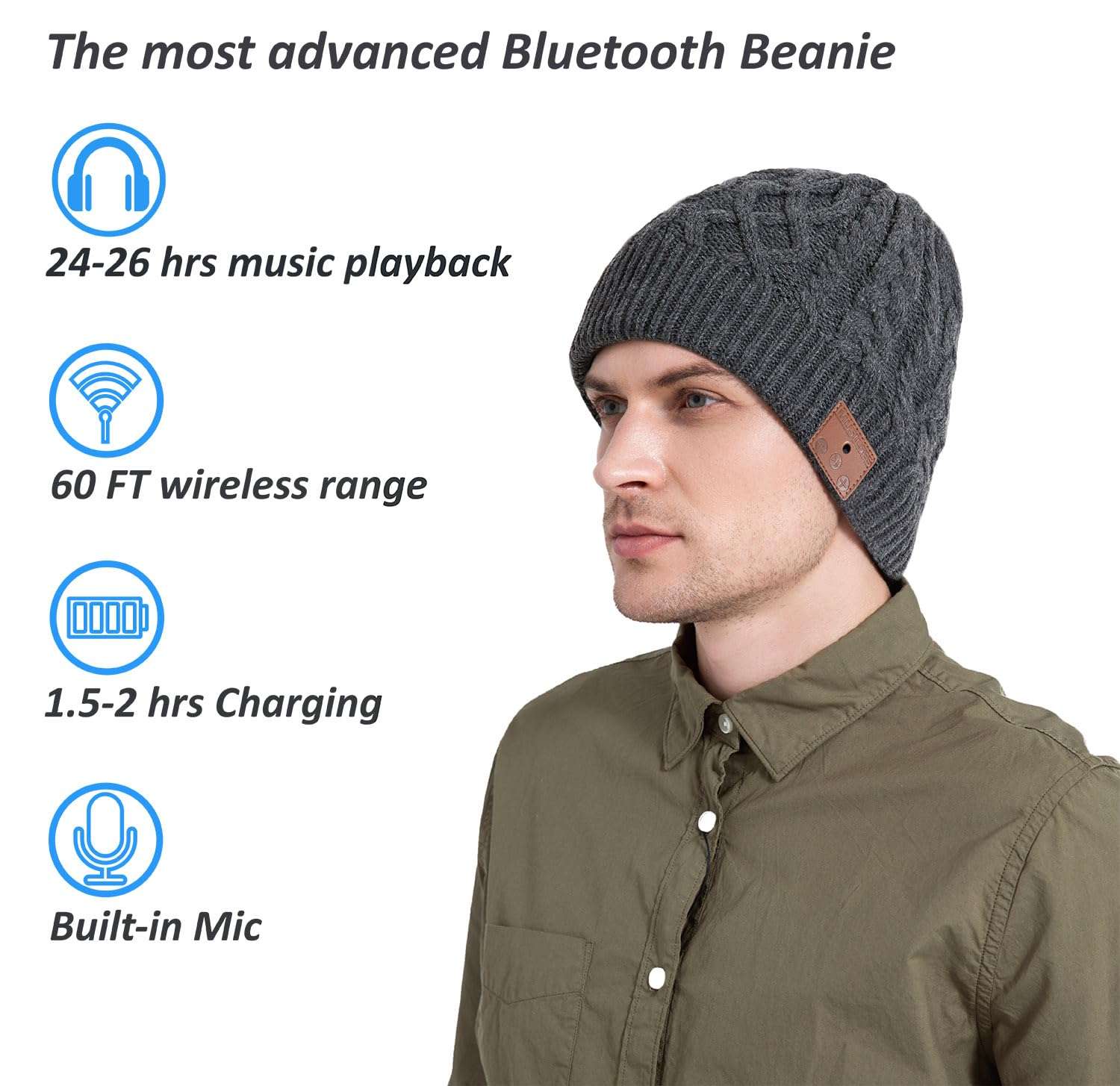 MUSICBEE Bluetooth Beanie，Bluetooth V5.2, 24 Hour Play time, Built-in Microphone and HD Stereo Speakers, Wool Lined for Outdoor Homes and Gifts - Neutral(Charcoal) 3