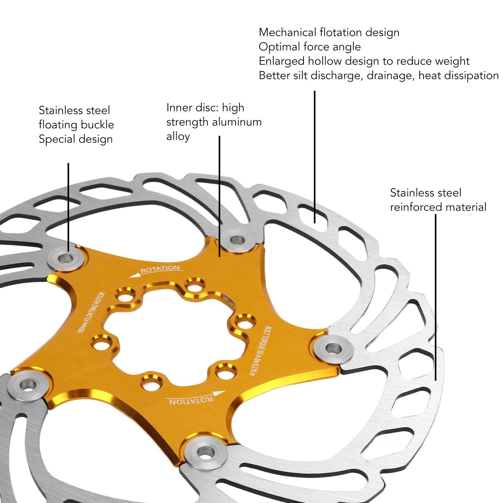 VBESTLIFE Disc Brake Rotor, 160mm Floating Disc Brake Rotor with 6 Bolts Disc Brake Pad Rotors for MTB Road (Gold) 3