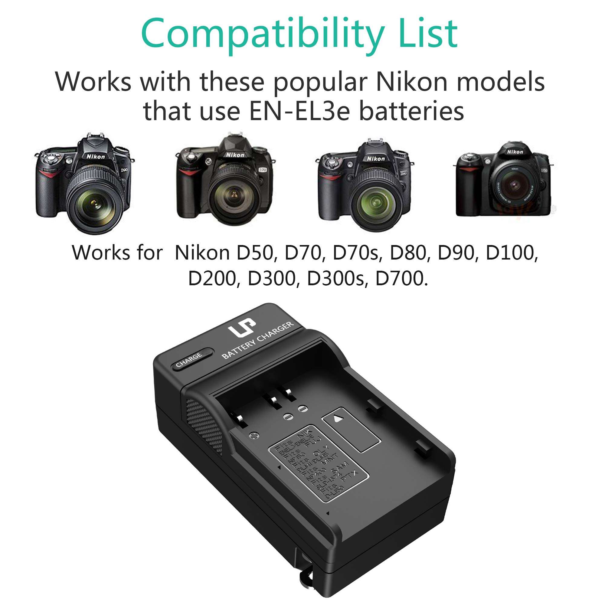 EN-EL3e LP Battery Charger for Nikon EN-EL3e, EL3, EL3a, Compatible with Nikon D50, D70, D70s, D80, D90, D100, D200, D300, D300s, D700 Digital SLR Cameras, Replacement for MH-18, MH-18a, MH-19 Charger 3
