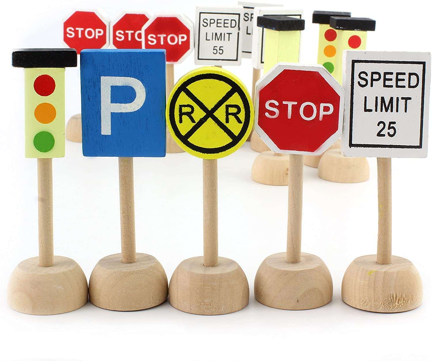 Attatoy Kids Wooden Street Signs Playset (14-Piece Set), Wood Traffic Signs Perfect for Car & Train Set 1