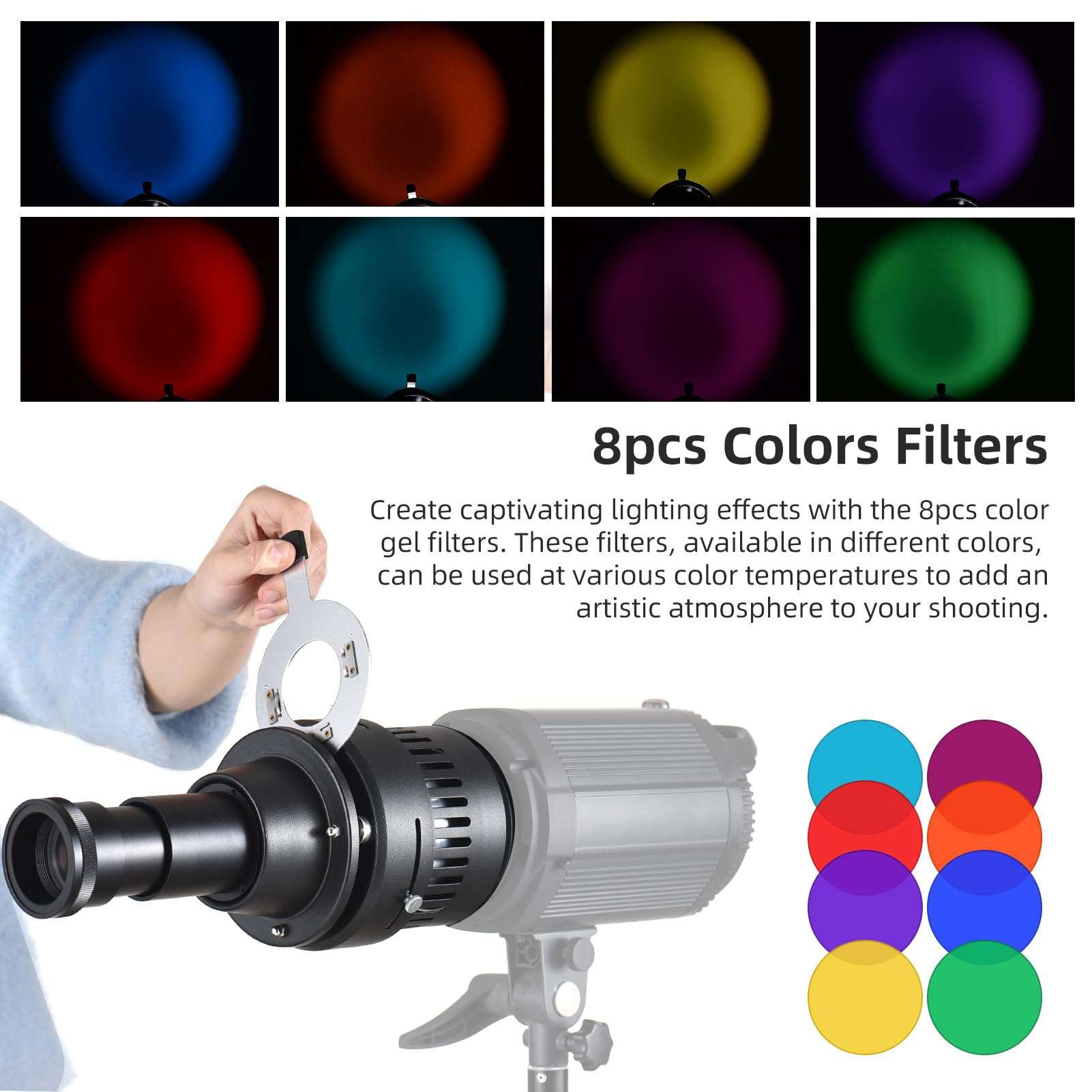 Andoer Bowens Mount Optical Snoot Conical Focusing Condenser with 120mm F2.0 Lens Card Slot Adapter 16 Graphics Cards and 8 Color Filters Photography Light Accessories 6