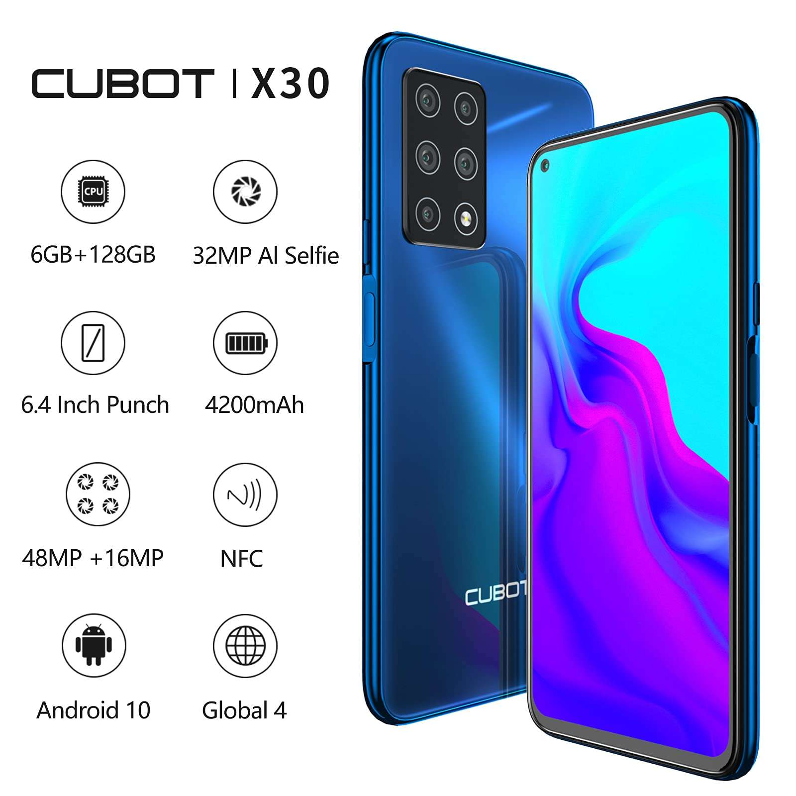 CUBOT X30 Unlocked Smartphone (8GB+128GB) with 6.4-Inch FHD+ Display,Five Al Cameras, Android 10, 4200mAh Battery, 4G Dual SIM Phone (Blue) 2