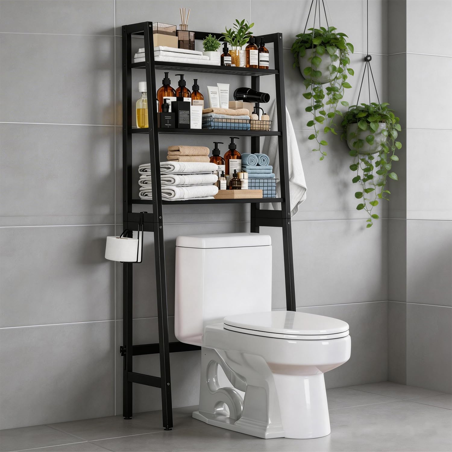 PHOARTS Over The Toilet Storage, Wooden 3-Tier Over-The-Toilet Rack Bathroom Space Saver Organizer, Freestanding Above Toilet with Toilet Paper Holder and Hooks（Black）