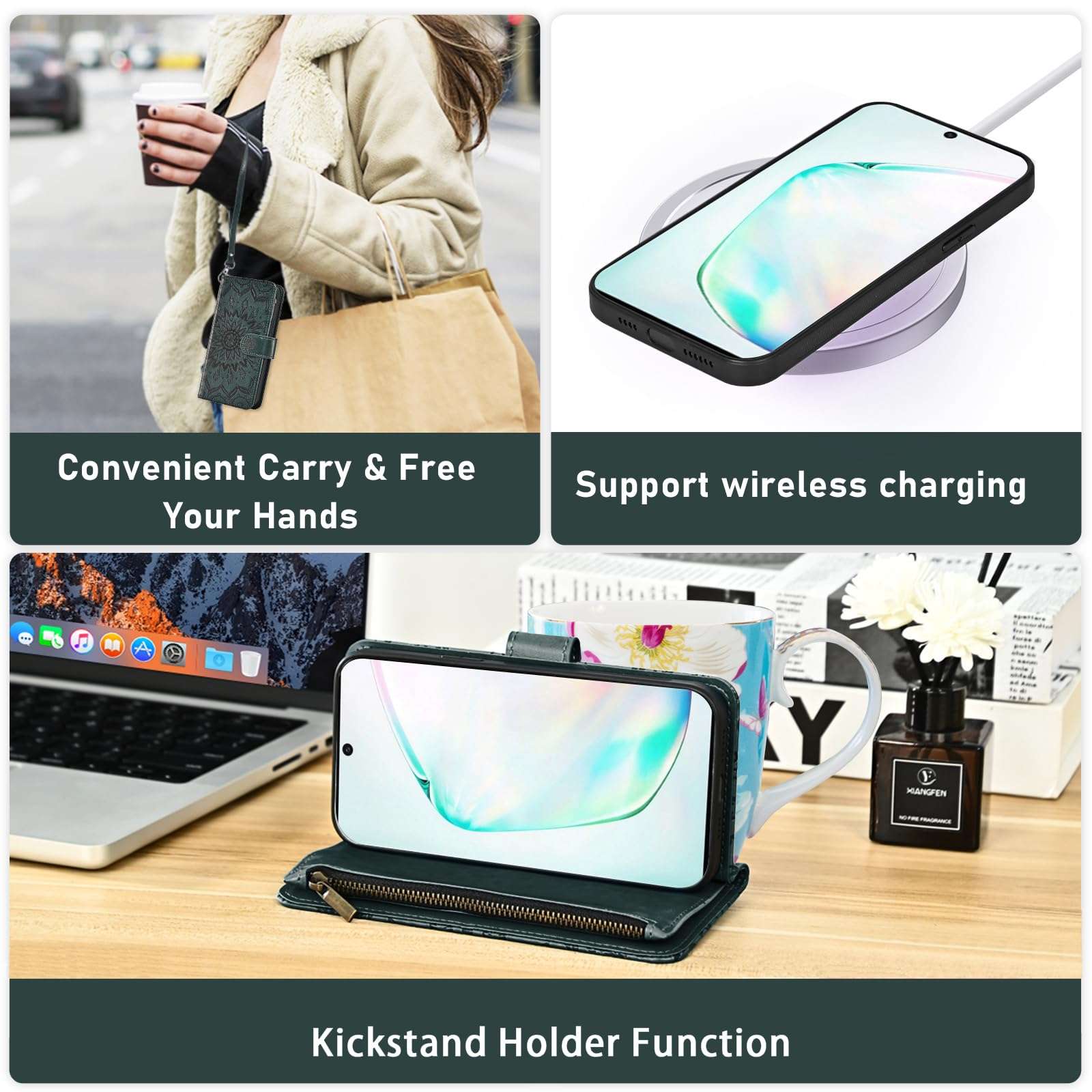 Asuwish Phone Case for Samsung Galaxy Note 10 5G Zipper Wallet Magnetic Detachable Cell Cover with Screen Protector Crossbody Lanyard Strap Flip Card Holder Slot Note10 6.3" (2019) Men Dark Green 6