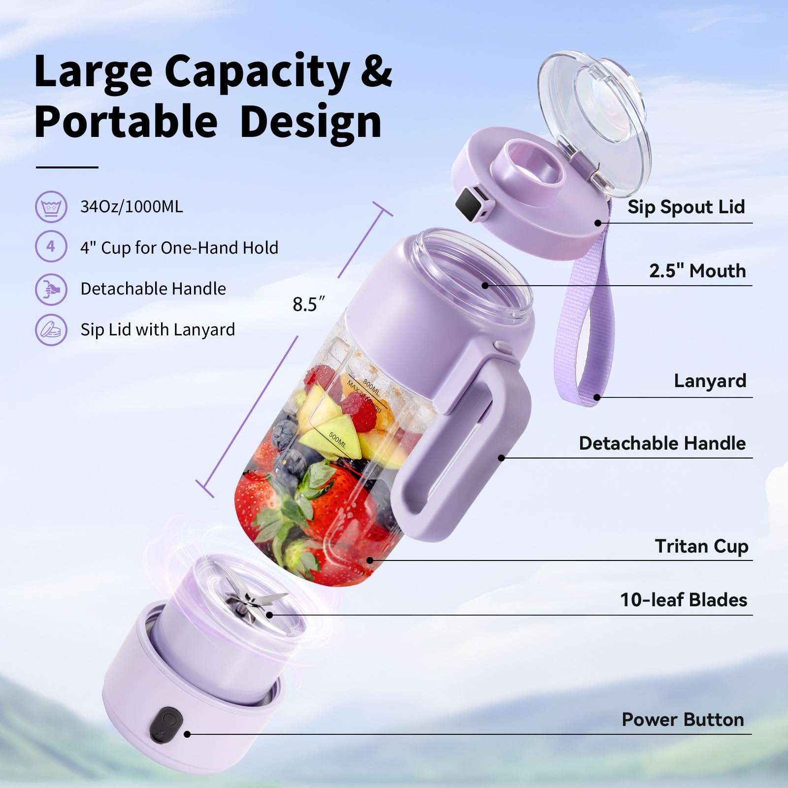 Mixido Portable Blender for Smoothies, 34oz Personal Size Mini Small Protein Shake Smoothie Blender, Cordless & BPA Free with Leakproof Lanyard Sip Lid (Purple) 3