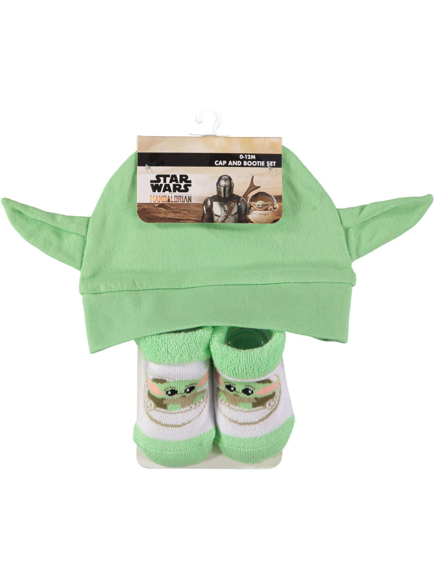 STAR WARS Baby Boys The Mandalorian Cap and Bootie Set - Baby Yoda Baby Gift Set with Hat and Socks (Green/White, 0-12 Months) 2