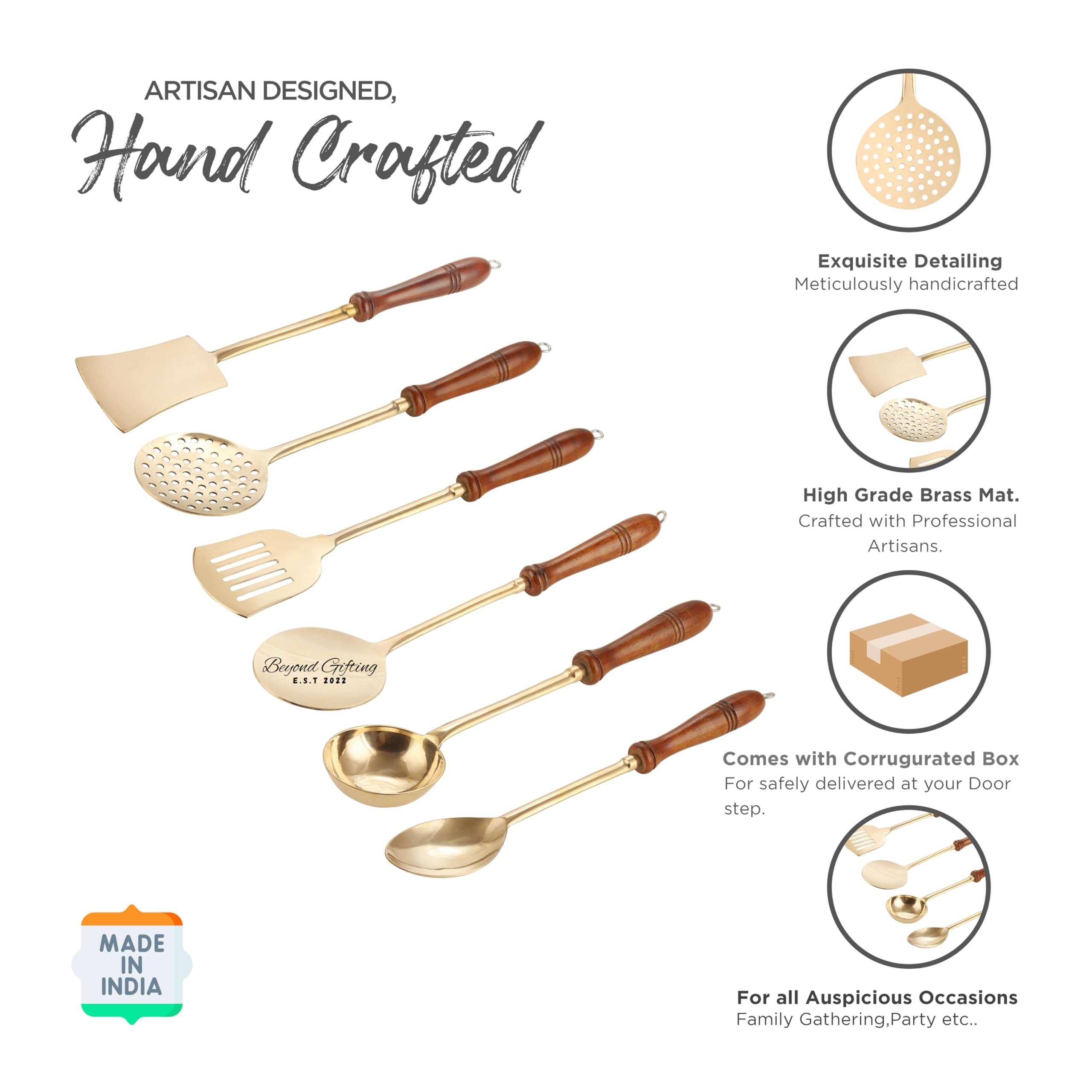 Beyond Gifting Premium Brass Kitchen Utensils Set of 6 with Wooden Handle Cooking Spoon Set Brass Serving Gold Spoon Set of 6 Pital Cooking Spoon, Salad Spoon, Flip Spatula, Ladle, Skimmer 4