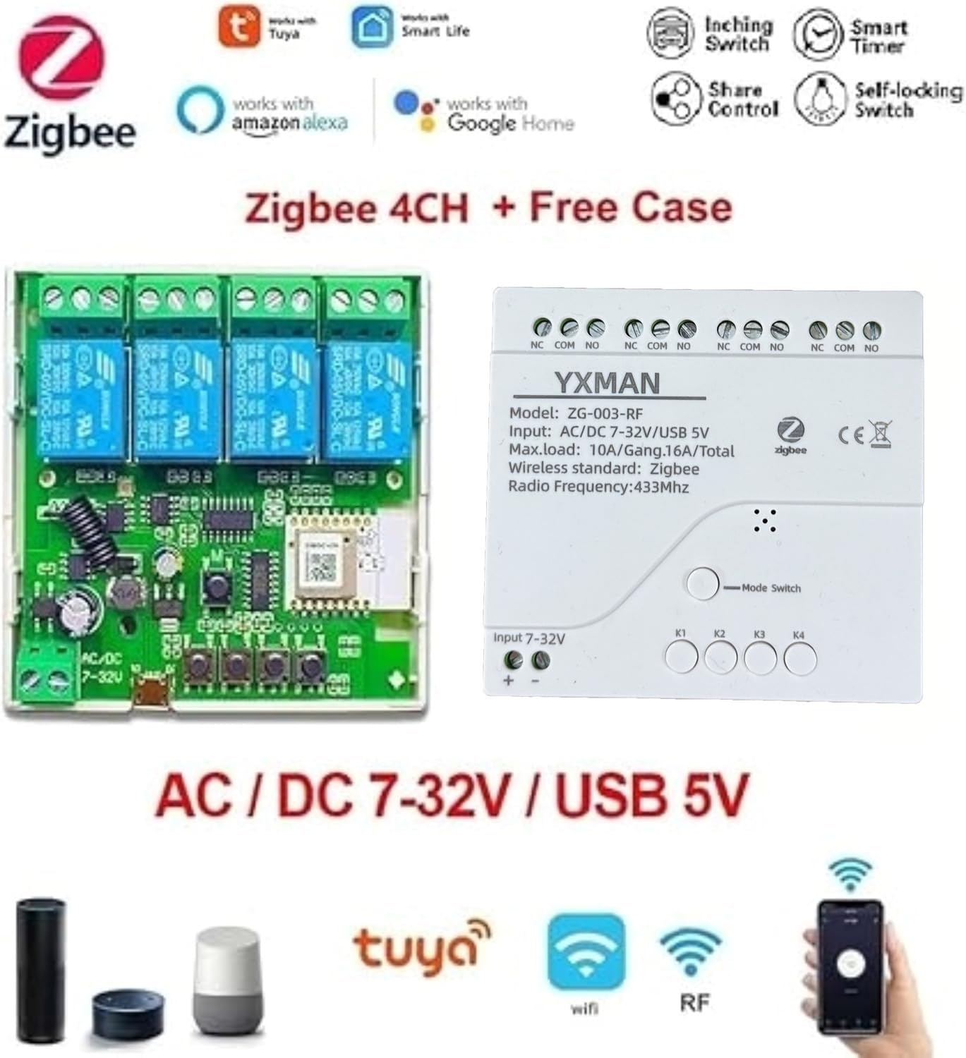 YXMAN 4CH ZigBee Wireless Smart Relay Switch,USB 5V AC DC 7-32V, Works Seamlessly with SmartThings, Alexa, Google Home (Requires ZigBee Hub) 5