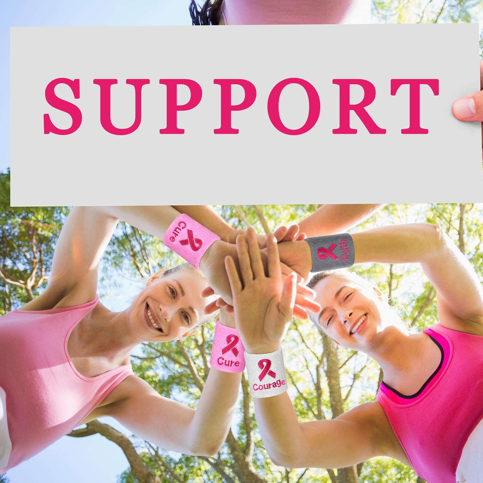 Shappy 60 Pcs Breast Cancer Awareness Wristbands Pink Ribbon Sweatbands Sports Wristbands for Tennis Football Basketball Running Athletic for Breast Cancer Awareness Month, 6 Colors 5