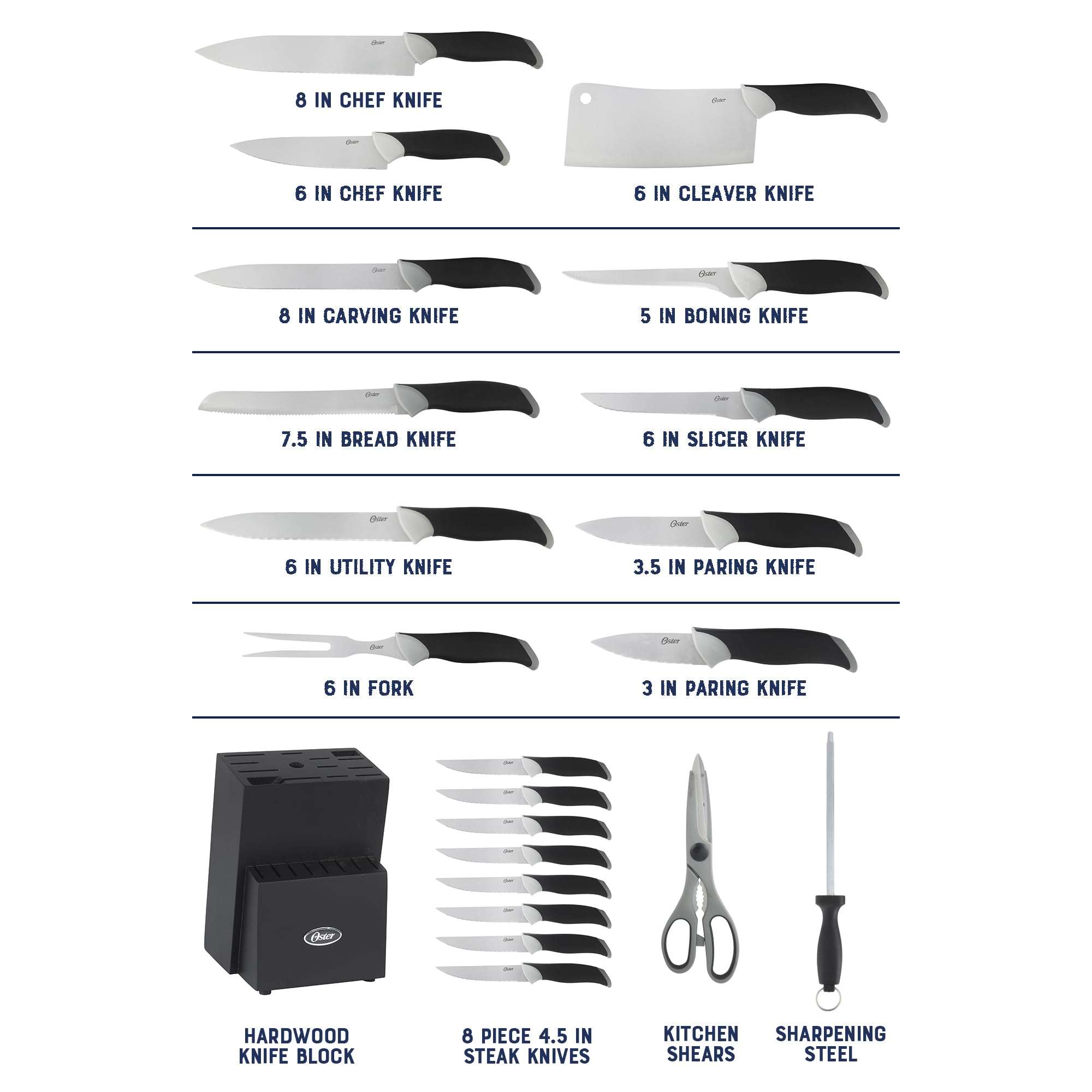 Oster Lindbergh 22 Piece High Carbon Stainless Steel Cutlery Kitchen Knife Block Set w/Black Knife Block - Black Handle - Cuchillos Para Cocina 4