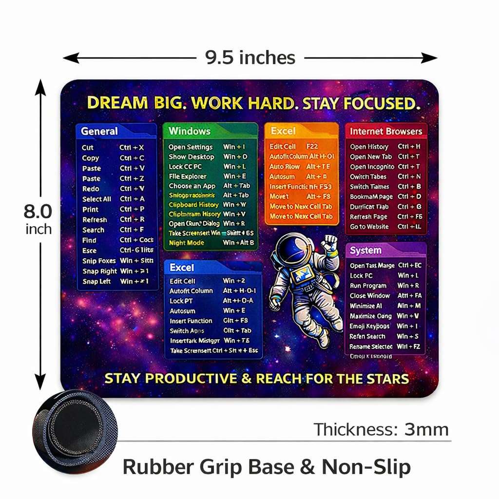 Computer Keyboard Shortcuts Mouse Pad, Galaxy Space Theme with Astronaut Design, Motivational Productivity Reference Guide for Windows Excel and Internet Browsers, Non-Slip Rubber Base, 3mm Thick 3