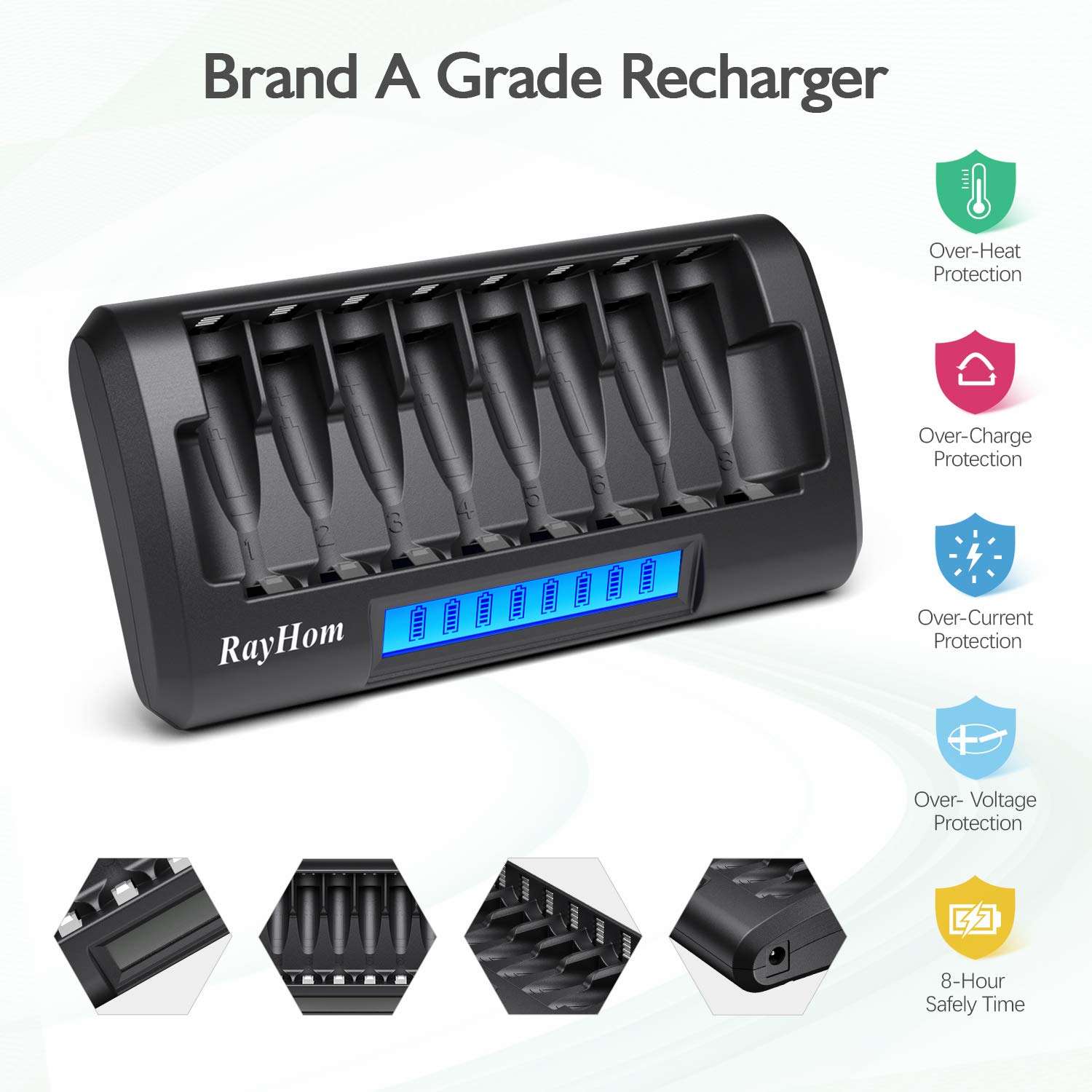 RayHom Charger with AA AAA Batteries - 8Bay Smart LCD Battery Charger for AA AAA Ni-MH Ni-Cd Rechargeable Batteries with AA Rechargeable Batteries(8 Pack) and AAA Rechargeable Batteries(8 Pack) 3