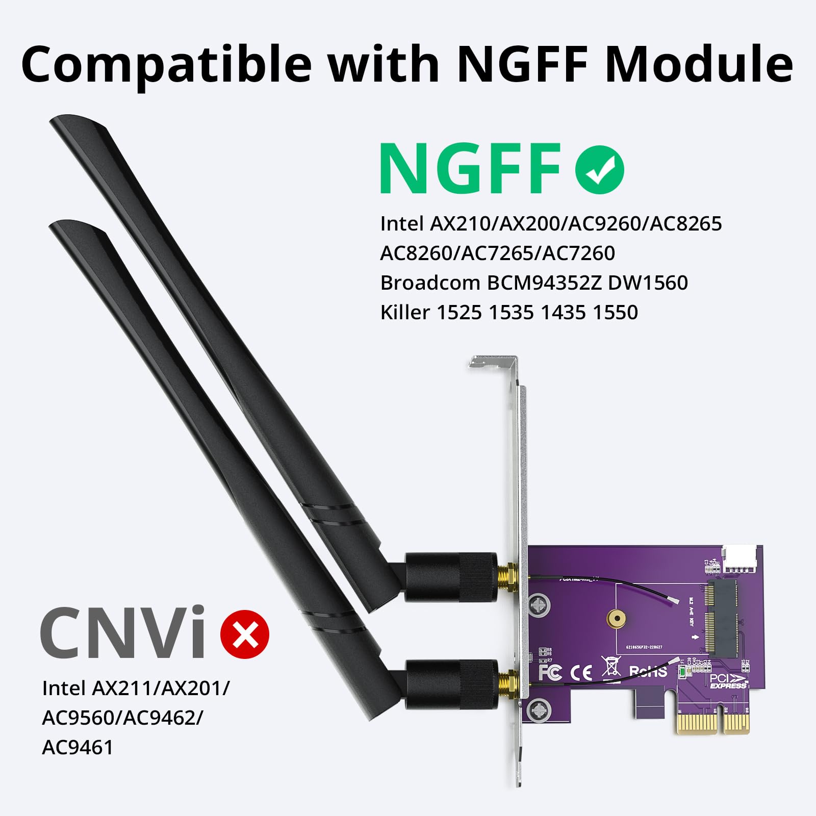 PCIe x1 to M.2 WiFi Bluetooth Adapter Card - Supports A+E Key NGFF Modules, Dual-Band 2.4GHz/5GHz with 2X 5dBi Antennas | Desktop Wireless Upgrade Solution 5