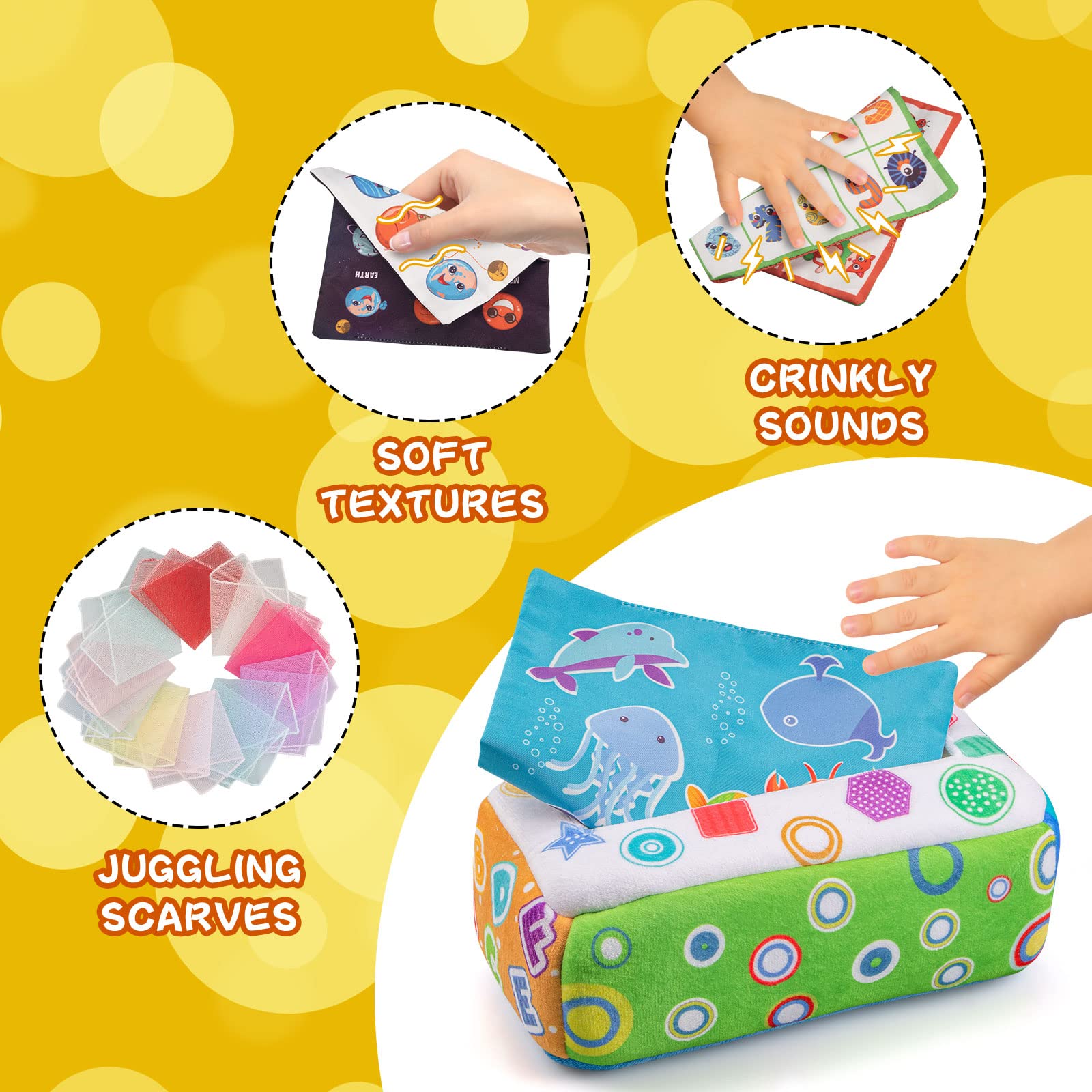 My First Baby Tissue Box Toy Montessori Toys for Babies 6-12 Months Infant Newborn Toddlers Sensory Toys Colorful Soft Scarf Box for 3 6 9 12 Months Baby Gifts + Free Baby Bath Books 5