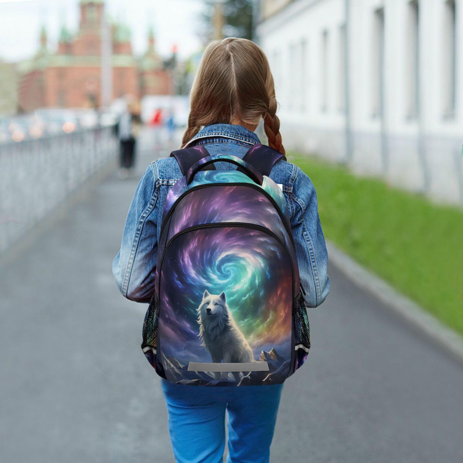 Wolf Backpack for Students Boys Girls Wolf with Galaxy School Bag Travel Daypack Rucksack 4